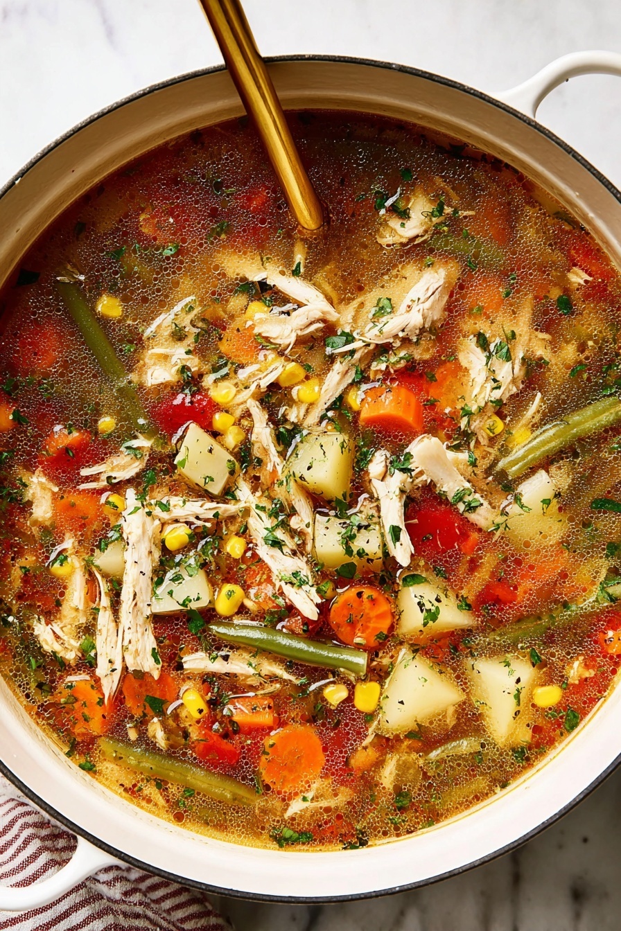 A large white pot filled with chicken vegetable soup contains several layers: the base layer is a clear, amber-brown broth with visible herbs and black pepper flakes; floating on it are chunks of shredded chicken in pale beige, bright orange slices of carrots, pale yellow cubes of potatoes, crisp green beans, small pieces of celery, and bits of yellow corn and red tomatoes. The soup is sprinkled with chopped green herbs on top, adding a fresh touch. A gold-colored ladle rests inside the pot, partially submerged and holding some of the soup, while the pot sits on a white marbled surface with a striped cloth nearby. Photo taken with an iphone --ar 2:3 --v 7