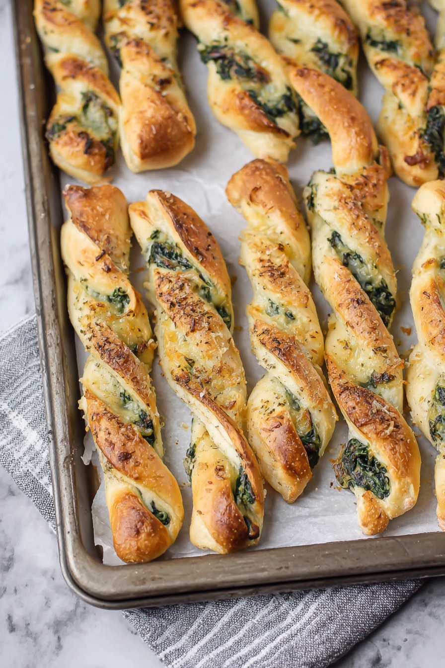 The image shows several twisted bread sticks on a baking tray lined with white parchment paper. Each bread stick is golden brown on the outside with visible green leafy spinach mixed with melted cheese peeking through the twists. The bread has a soft texture with some darker baked spots and a slight sprinkle of seasoning on top. The baking tray rests on a white marbled surface with a folded cloth towel underneath, adding a homey touch. The arrangement of the bread sticks is neat, filling the tray with three rows of twists photo taken with an iphone --ar 2:3 --v 7