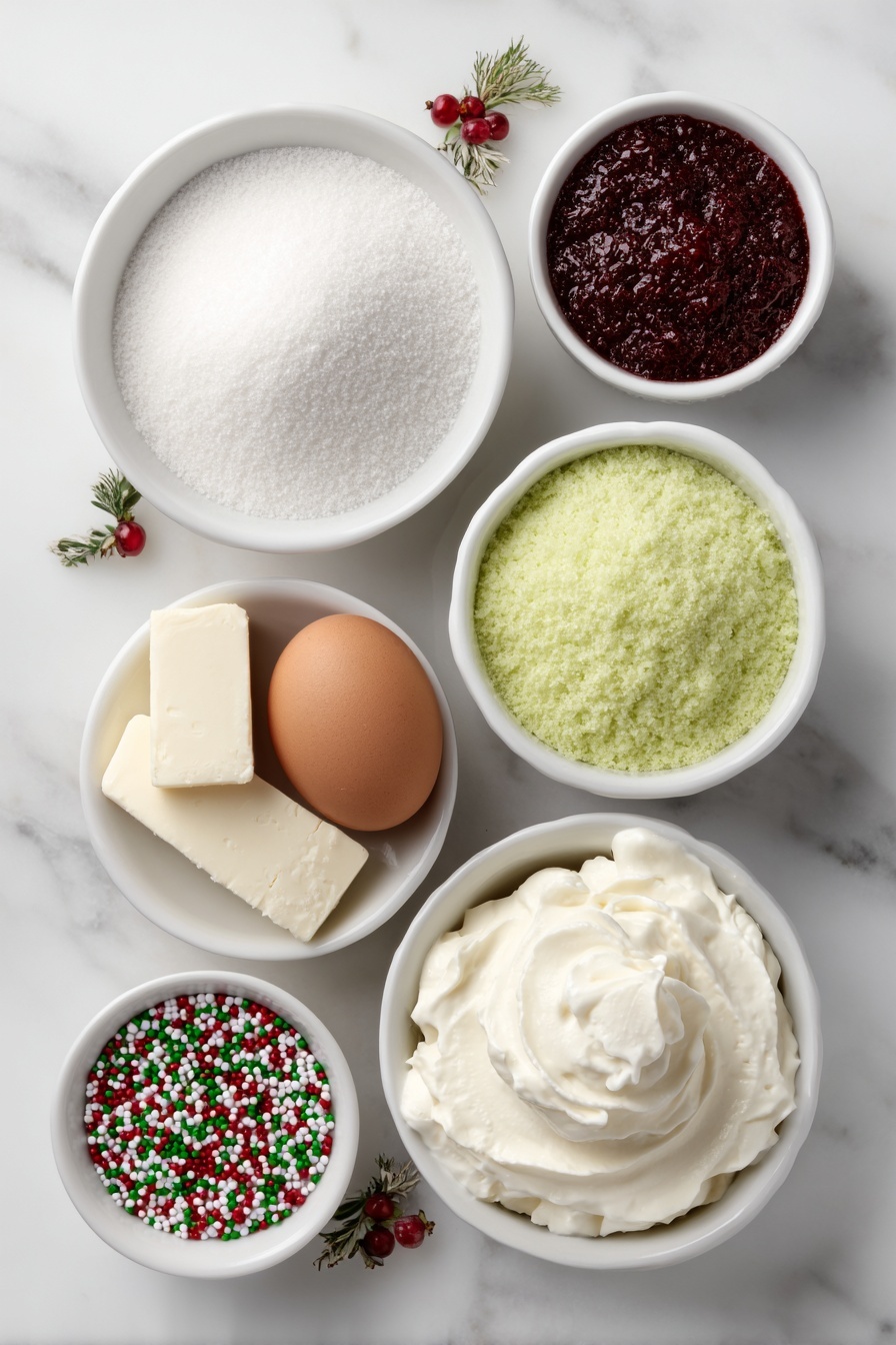 Flat lay of a small pile of fine white granulated sugar, a pristine white ceramic bowl with bright red strawberry gelatin powder, another white ceramic bowl with vibrant green lime gelatin powder, a whole uncracked brown egg, a small mound of smooth white vanilla instant pudding powder, a small white ceramic bowl filled with fresh cold milk, a small white ceramic bowl containing fluffy thawed whipped cream, and a scattering of shiny red and green sprinkles artfully collected on a white ceramic plate, all ingredients fresh and natural, perfectly arranged in symmetrical balance, placed on a clean white marble surface, soft natural light, photo taken with an iPhone, professional food photography style, fresh ingredients, white ceramic bowls, no bottles, no duplicates, no utensils, no packaging --ar 2:3 --v 7 --p m7354615311229779997