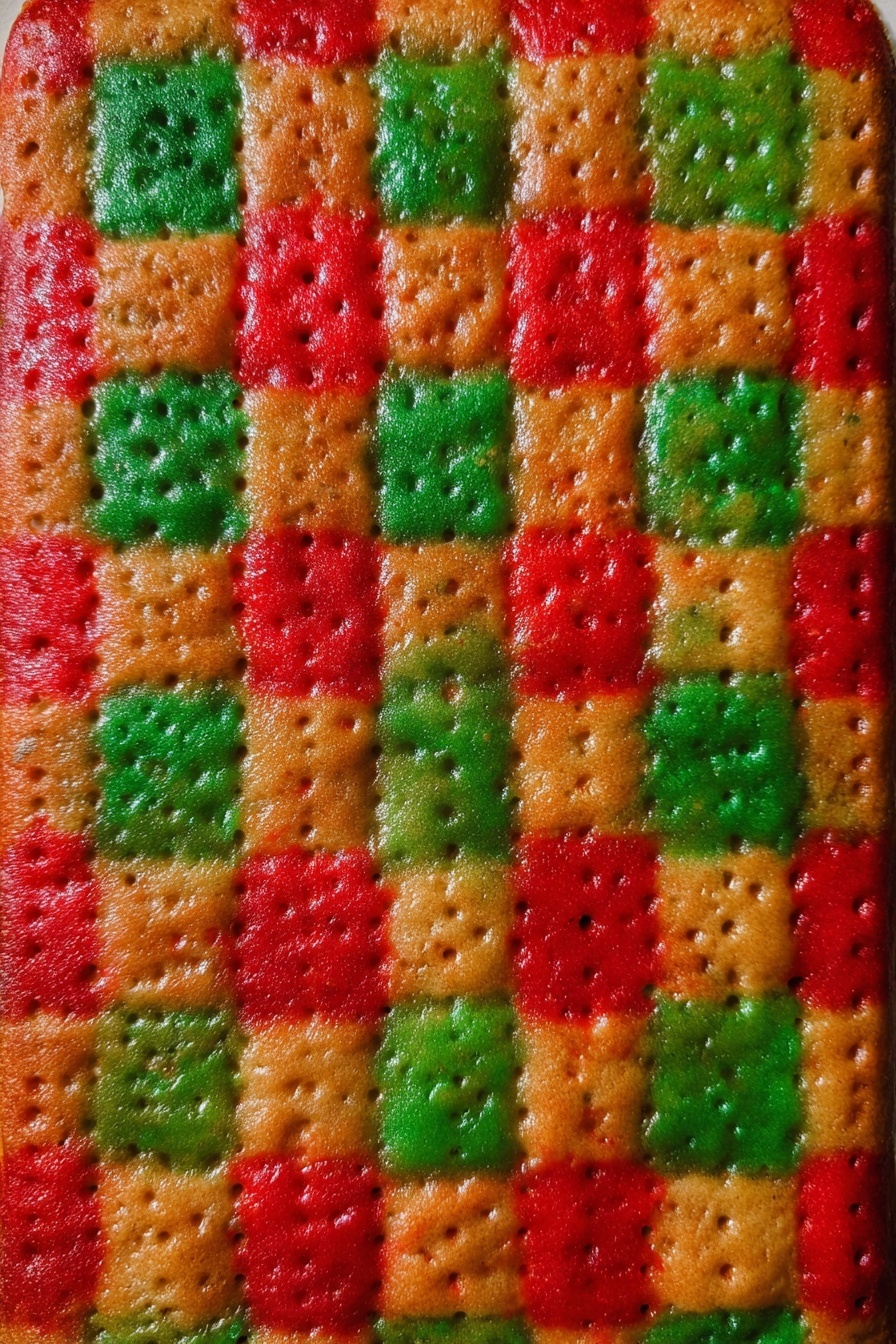 The image shows a rectangular baked dessert with a checkered pattern on top, consisting of alternating red and green squares. The crust is golden brown and slightly textured, with small perforations running across the surface in a grid-like manner. The red and green colors are vibrant and glossy, creating a festive appearance. The background is a white marbled texture. photo taken with an iphone --ar 2:3 --v 7