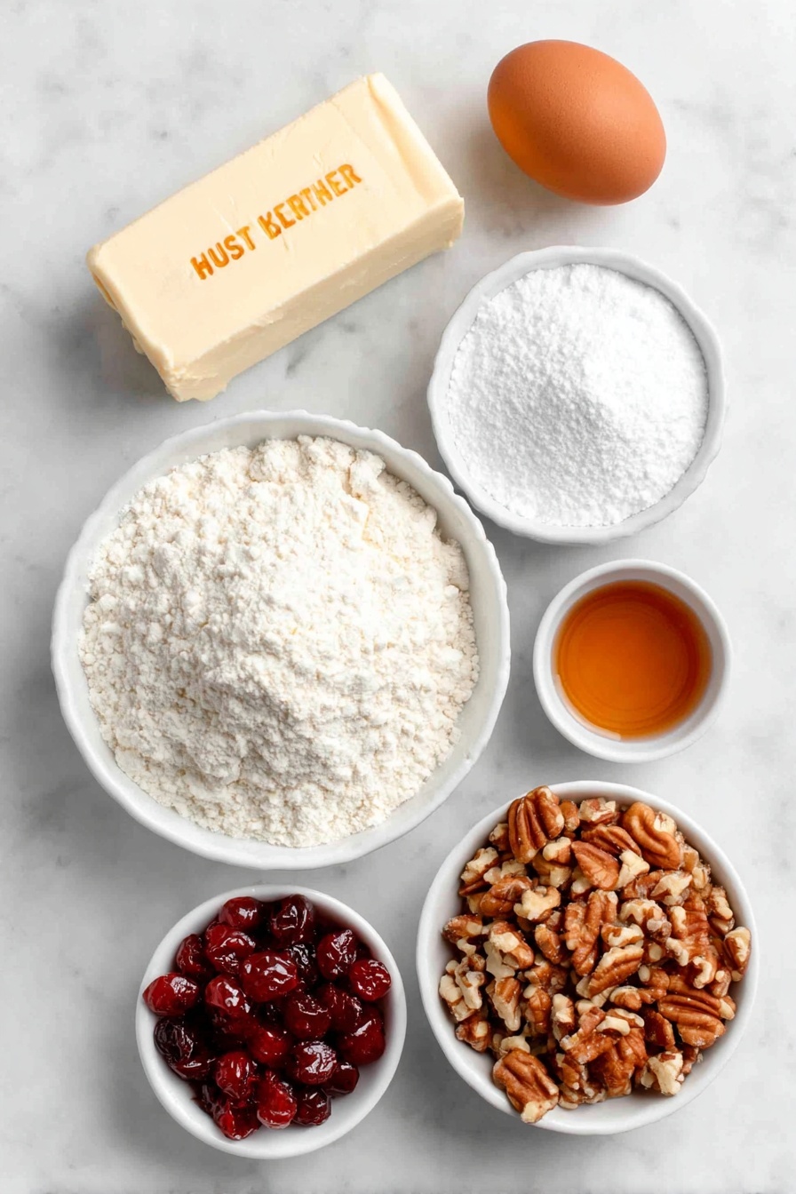 Flat lay of two whole sticks of pale yellow butter, a small white bowl filled with fine white powdered sugar, one whole uncracked brown egg, a small white bowl with clear vanilla extract, a small mound of all-purpose white flour, a small white bowl containing roughly chopped mixed nuts, a small white bowl piled with bright red candied cherries, all arranged with perfect symmetry on a clean white marble surface, soft natural light, photo taken with an iPhone, professional food photography style, fresh ingredients, white ceramic bowls, no bottles, no duplicates, no utensils, no packaging --ar 2:3 --v 7 --p m7354615311229779997
