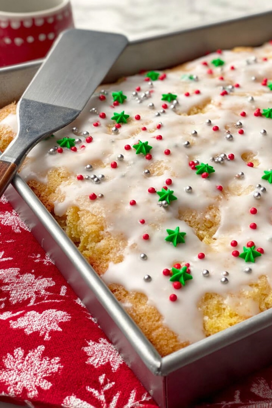 A close-up of a silver rectangular baking pan filled with a single-layer yellow crumbly cake topped with uneven white glaze spread across the surface. Scattered on the glaze are small red and green star-shaped sprinkles and tiny silver ball-shaped sprinkles. The pan rests on a bright red cloth with a white pattern, and a large metal spatula with a gray handle is positioned on the right side. The background features a white marbled texture photo taken with an iphone --ar 2:3 --v 7