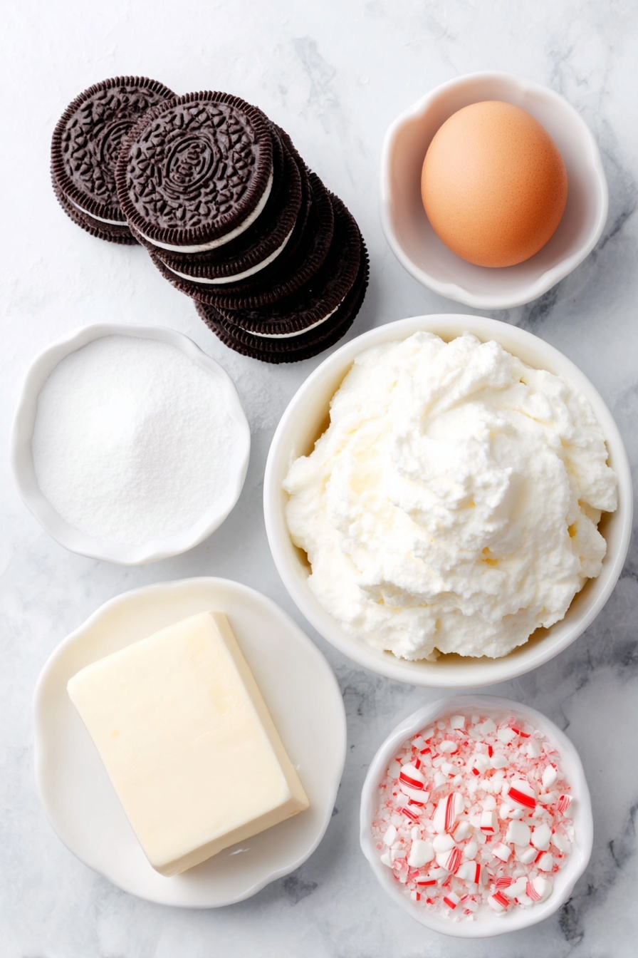 Flat lay of a neat stack of whole Oreo cookies with their dark chocolate and white filling clearly visible, a small white ceramic bowl of melted unsalted butter with a smooth golden sheen, a single uncracked brown egg with a clean shell, a block of cream cheese on a simple white ceramic plate showing its creamy texture, a small white bowl filled with fine white powdered sugar, a small white bowl containing fresh cold milk with a slight reflection on its surface, a generous mound of whipped topping piled in a white ceramic bowl showing airy peaks, a small white bowl holding crushed red and white candy canes with visible peppermint shards, a white ceramic dish filled with smooth white chocolate pudding, and a pinch of coarse sea salt displayed neatly on a white ceramic dish — all arranged symmetrically and proportionally, placed on a clean white marble surface, soft natural light, photo taken with an iPhone, professional food photography style, fresh ingredients, white ceramic bowls, no bottles, no duplicates, no utensils, no packaging --ar 2:3 --v 7 --p m7354615311229779997
