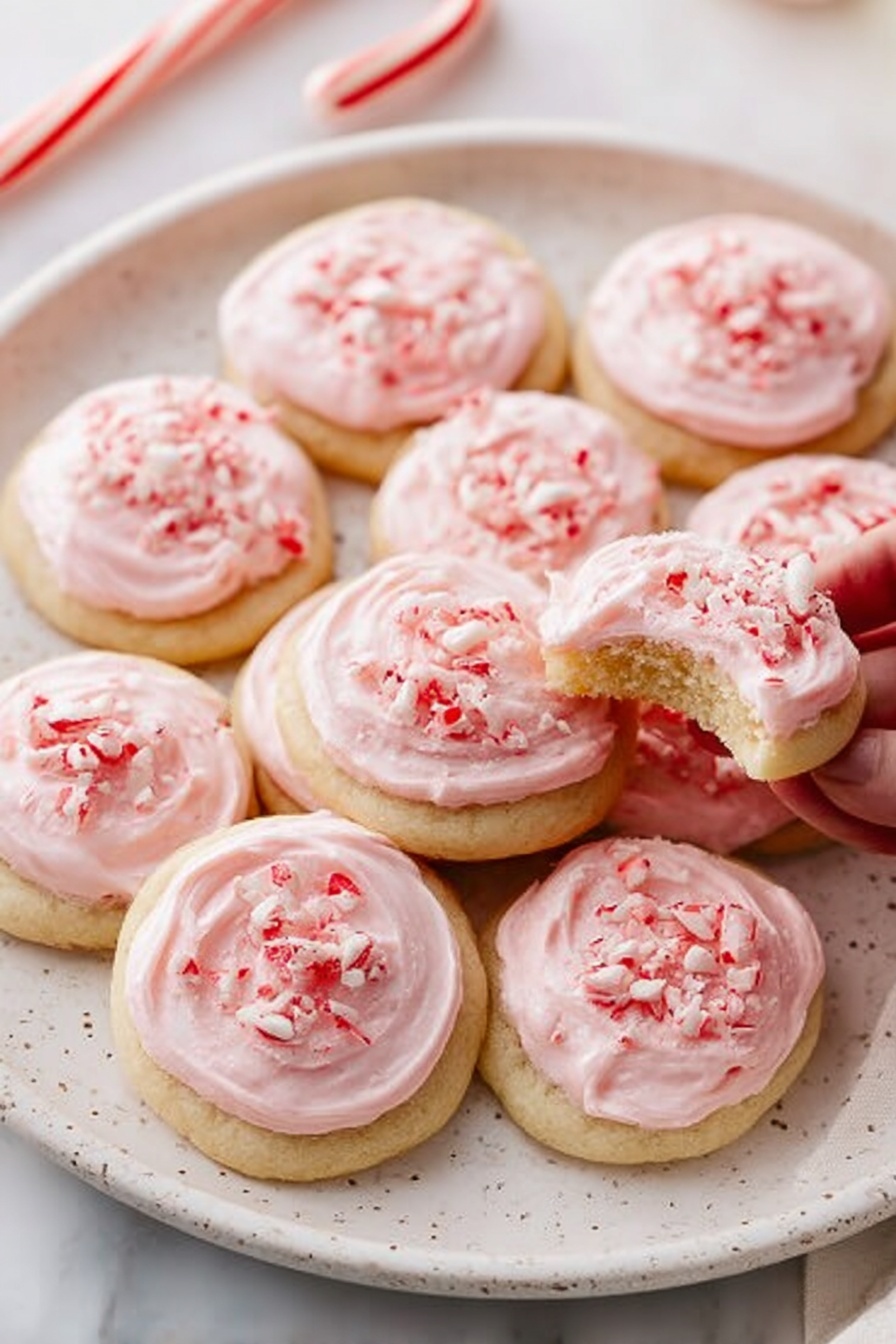 The image shows a stack of three soft, light beige cookies, each separated by a thick layer of pale pink frosting mixed with small red and white candy pieces. The top cookie has a bite taken out, revealing a soft, crumbly inside. The frosting is creamy and slightly fluffy, with crushed candy bits scattered on top. The stack sits on a white, wavy-edged plate placed on a white marbled surface, with a few crumbs and candy pieces spread around the plate. The background is a plain light tone that softly fades out of focus. photo taken with an iphone --ar 2:3 --v 7