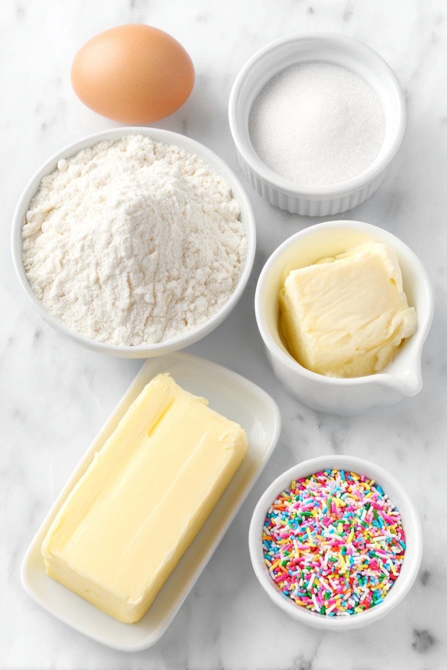 Flat lay of a small mound of spooned and leveled all-purpose flour, a small pile of fine white baking powder, a tiny mound of fine salt crystals, a half cup of soft unsalted butter shaped in a smooth block, a small white ceramic bowl filled with granulated white sugar, one large whole egg with a clean shell, a small white ceramic bowl containing clear vanilla extract, a small white ceramic bowl overflowing with colorful rainbow sprinkles placed symmetrically alongside another small white ceramic bowl with more rainbow sprinkles, all arranged with perfect symmetry on a clean white marble surface, soft natural light, photo taken with an iPhone, professional food photography style, fresh ingredients, white ceramic bowls, no bottles, no duplicates, no utensils, no packaging --ar 2:3 --v 7 --p m7354615311229779997