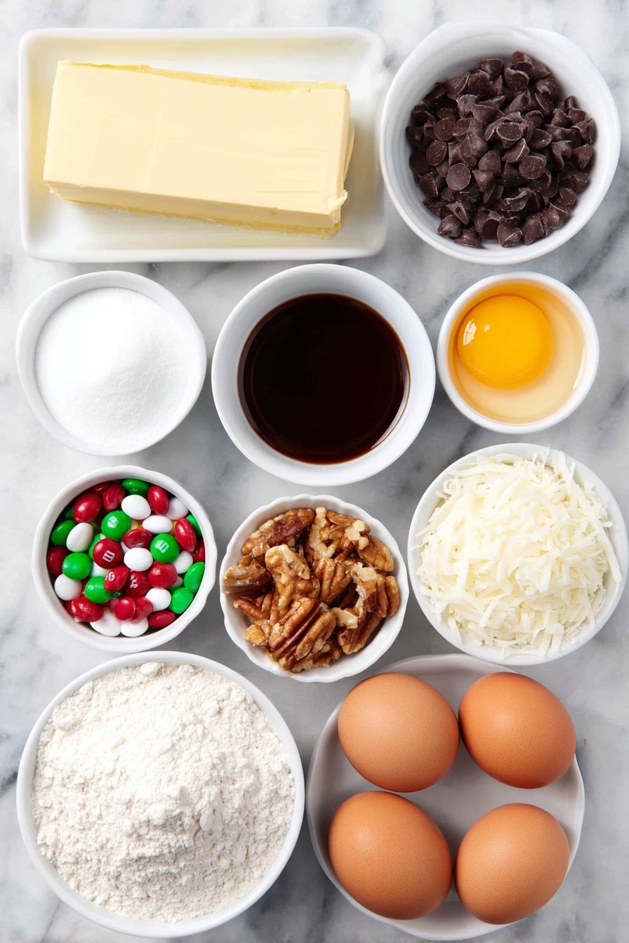 Flat lay of a small mound of shiny semi-sweet chocolate chips, a stick of salted butter with a smooth surface, a small white bowl filled with granulated sugar, two large brown eggs with clean shells, one additional large egg yolk in a small white bowl, a small white bowl of all-purpose flour, a small white bowl holding clear vanilla extract, a small pile of whole mixed nuts including walnuts and pecans, a small white bowl containing bright mini holiday M&M candies in red, green, and white, a separate small white bowl with regular sized holiday M&Ms in festive colors, a small white bowl of shiny semi-sweet chocolate chips, a neat pile of sweetened flaked coconut, a small white bowl filled with glossy sweetened condensed milk, and a small white bowl with colorful holiday sprinkles — all arranged symmetrically on a clean white marble surface, soft natural light, photo taken with an iPhone, professional food photography style, fresh ingredients, white ceramic bowls, no bottles, no duplicates, no utensils, no packaging --ar 2:3 --v 7 --p m7354615311229779997