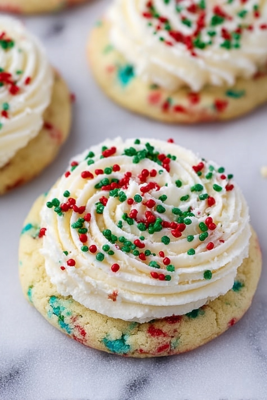 The image shows several cookies with two main layers. The bottom layer is a soft cookie base with colorful red, green, and blue sprinkles mixed inside, giving it a festive look. On top of the cookie base, there is a thick swirl of smooth white frosting, piped in a circular pattern. The frosting is decorated with red and green sprinkles scattered over the top. The cookies are placed on a white marbled surface. Photo taken with an iphone --ar 2:3 --v 7