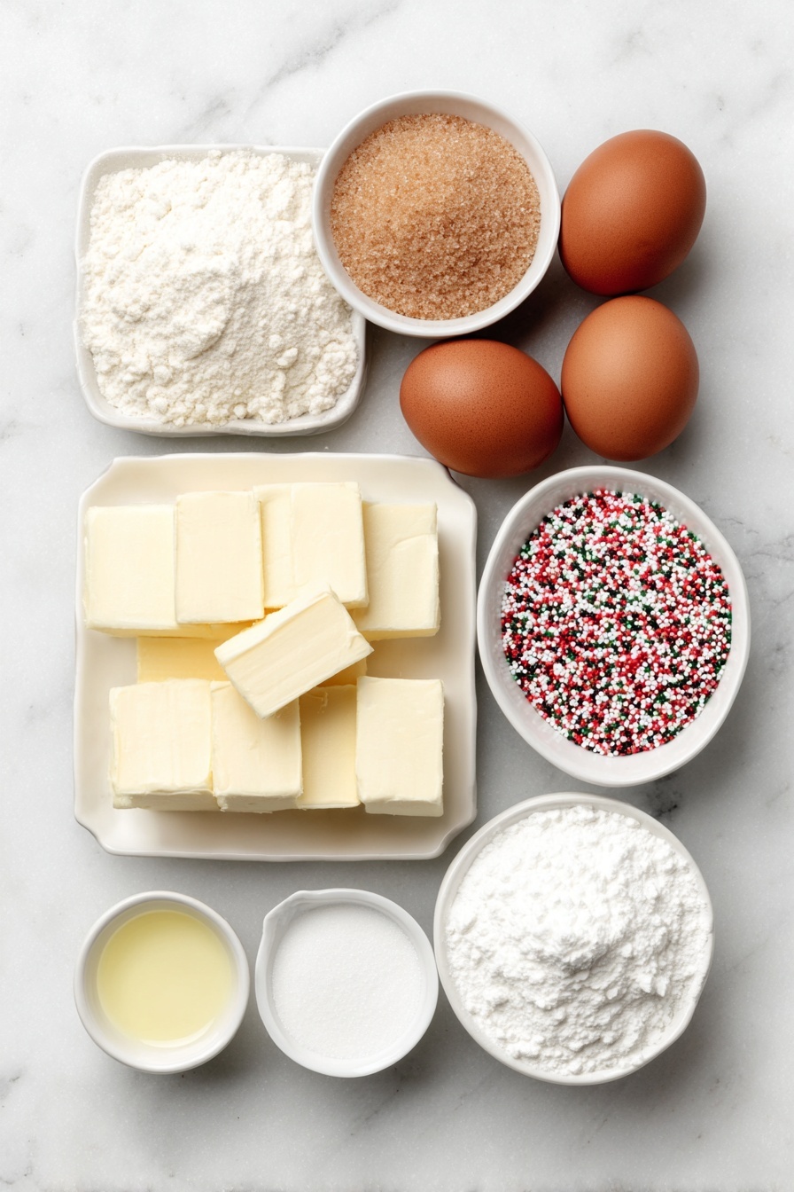 Flat lay of a small mound of all-purpose flour, a small heap of granulated sugar, a small heap of packed light brown sugar, two whole uncracked brown eggs, two large cubes of unsalted butter softened, a small white bowl filled with colorful holiday sprinkles, a small white bowl with powdered sugar, a tiny white bowl with a clear light yellow liquid representing cake batter extract, a tiny white bowl with a pinch of salt, a tiny white bowl with heavy cream, and a small heap of baking powder all arranged symmetrically on a white ceramic plate and simple white ceramic bowls, placed on a clean white marble surface, soft natural light, photo taken with an iPhone, professional food photography style, fresh ingredients, white ceramic bowls, no bottles, no duplicates, no utensils, no packaging --ar 2:3 --v 7 --p m7354615311229779997