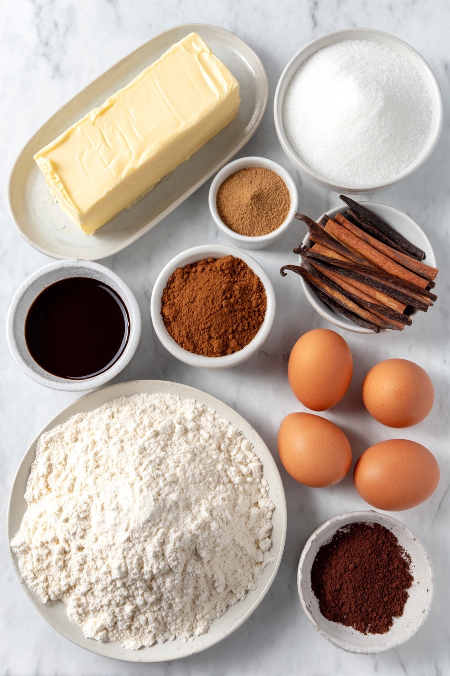 Flat lay of a small block of unsalted butter, a small white bowl filled with powdered sugar, a small white bowl with dark molasses, a few whole brown cinnamon sticks, a small white bowl containing ground ginger, a small white bowl with ground cinnamon, a small white bowl with ground nutmeg, a small white bowl holding ground allspice, a small white bowl with ground cloves, a few vanilla beans, a small white bowl with salt crystals, a heap of all-purpose flour loosely piled on a white ceramic plate, whole uncracked brown eggs arranged neatly beside the flour, all ingredients fresh and natural, placed on a clean white marble surface, soft natural light, photo taken with an iPhone, professional food photography style, fresh ingredients, white ceramic bowls, no bottles, no duplicates, no utensils, no packaging --ar 2:3 --v 7 --p m7354615311229779997