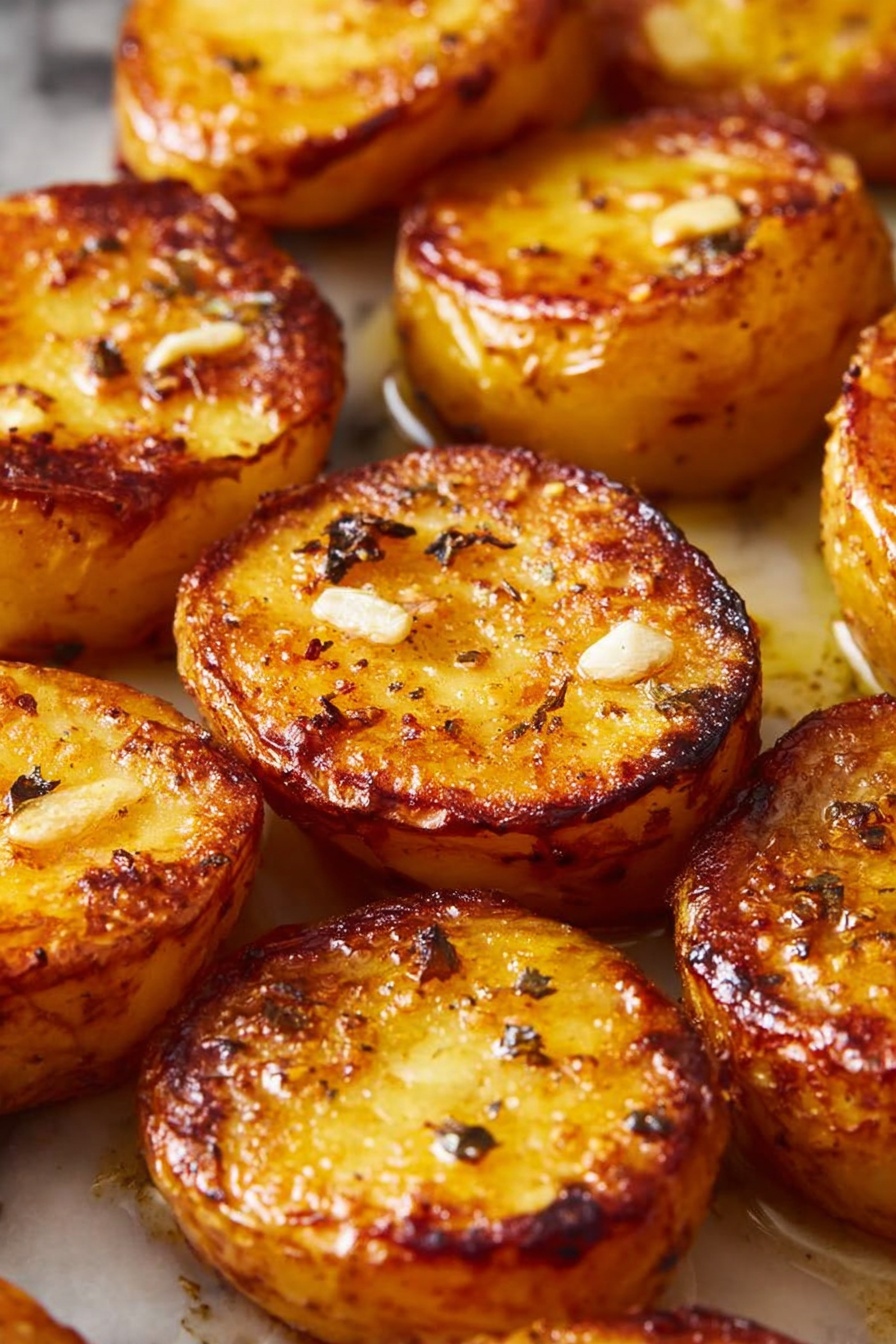A white plate full of golden brown roasted potato pieces stacked in layers, each potato piece showing a crispy, slightly shiny texture with some black pepper and small herb leaves sprinkled on top, small bits of garlic scattered around, all sitting on a sauce with a bit of shine, the plate is on a white marbled surface photo taken with an iphone --ar 2:3 --v 7
