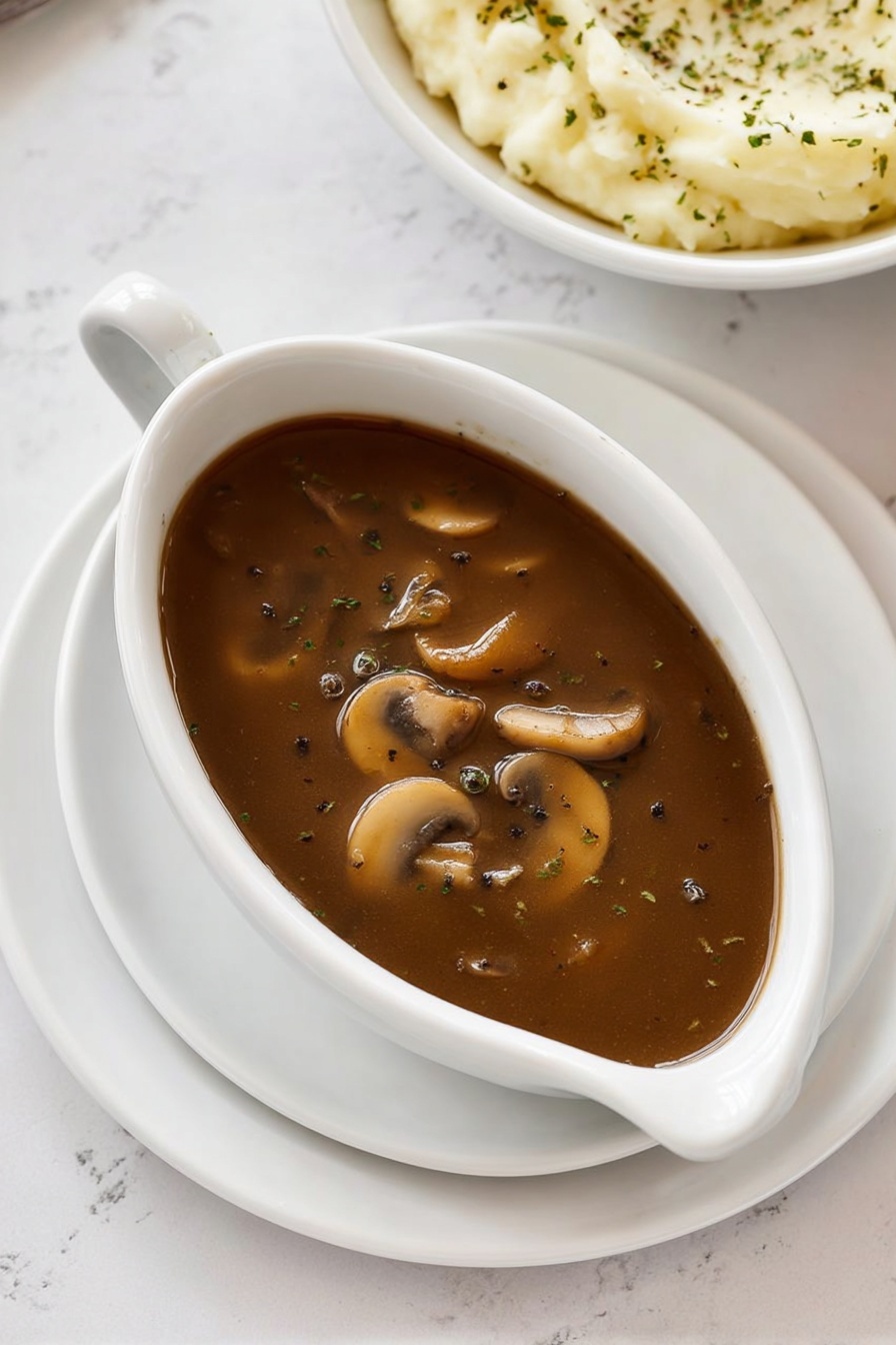 A white oval gravy boat filled with smooth, dark brown mushroom gravy. Inside the gravy, there are light brown, thinly sliced mushrooms visible, with small green herb flakes and black pepper sprinkled on top. The gravy boat sits on a set of two white round plates, all placed on a white marbled surface. In the upper right corner, part of a white bowl with creamy mashed potatoes sprinkled with black pepper and green herbs is slightly visible. Photo taken with an iphone --ar 2:3 --v 7