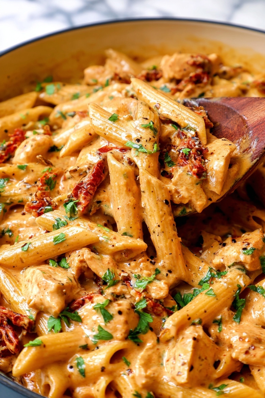 This image shows a close-up of creamy penne pasta mixed with pieces of light brown chicken and bits of red sun-dried tomatoes. The pasta is coated in a smooth, slightly orange sauce with visible black pepper specks and green chopped herbs on top. A wooden spoon is lifting a portion of pasta, showing the sauce’s creamy texture and the pasta's curved tube shape. The dish is in a white pan with a soft focus on the marbled white background underneath. photo taken with an iphone --ar 2:3 --v 7