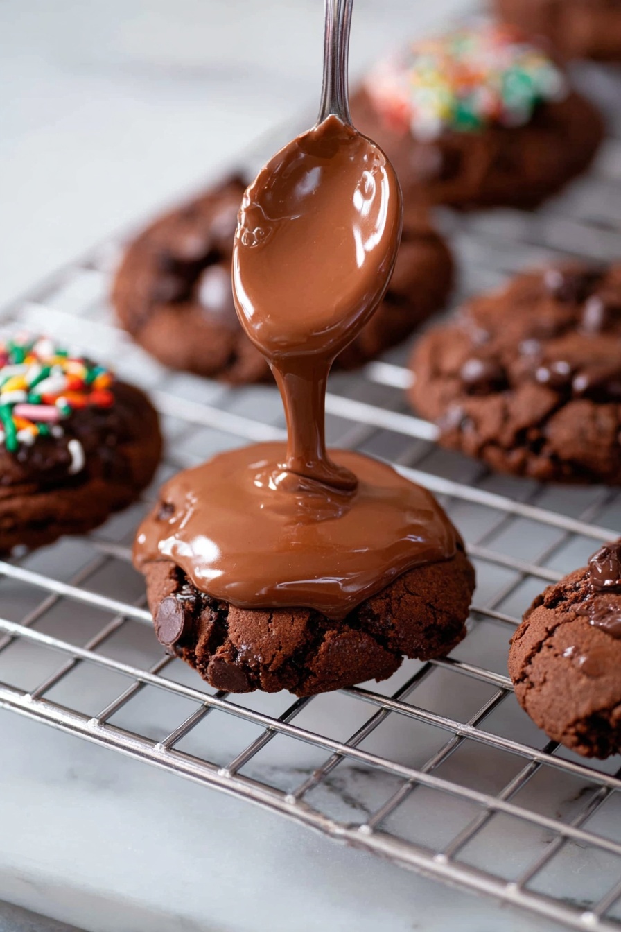 The image shows several chocolate cookies cooling on a metal rack over a white marbled surface. Each cookie has one thick layer of shiny milk chocolate frosting on top, which looks smooth and slightly melting. Colorful sprinkles in pink, white, green, yellow, orange, blue, and red are scattered over the frosting, adding a bright contrast to the rich brown of the cookies. The cookies themselves have a rough and crumbly texture with visible cracks. The photo is focused on one cookie in the front center with the others gradually going out of focus in the background. photo taken with an iphone --ar 2:3 --v 7