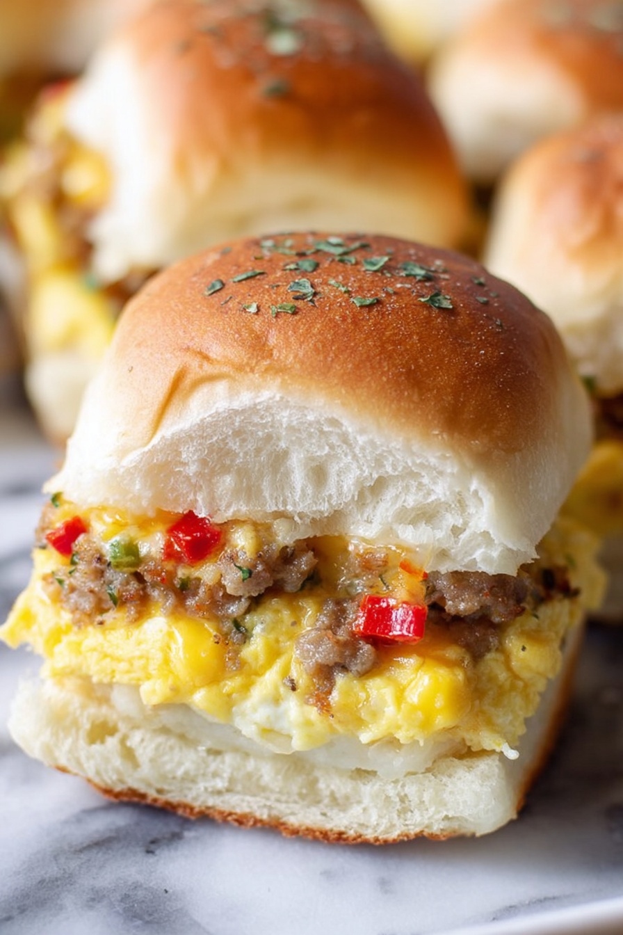 A close-up of a sandwich with a soft, light brown top bun sprinkled with herbs. Inside, there are three layers: a layer of cooked yellow scrambled eggs mixed with small bits of red bell pepper, a light beige layer of fluffy mashed potatoes, and a thin layer of cooked ground sausage with herbs. The sandwich is held above a pile of similar sandwiches, all on a white marbled surface. photo taken with an iphone --ar 2:3 --v 7