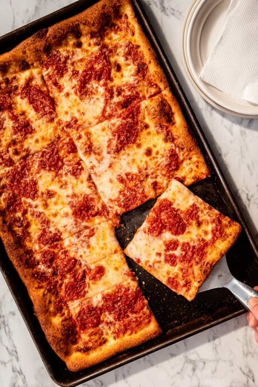 A rectangular pizza in a black metal pan with a golden-brown cheese layer on top, scattered unevenly with some red sauce spots showing through. The crust around the edges is thick and slightly puffed with a light golden color. A woman's hand is holding a pizza server lifting a square slice that shows the same cheese and sauce layers on top and a firm base at the bottom. The scene is set on a white marbled surface with a small part of a white plate visible. Photo taken with an iphone --ar 2:3 --v 7
