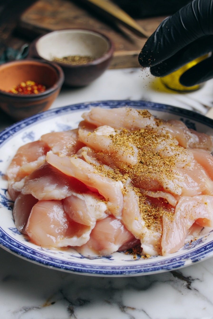 A white plate with blue details holds a pile of thinly sliced raw light pink chicken pieces. A woman's hand wearing a black glove sprinkles a light brown spice mix evenly over the chicken. The background has a white marbled texture with blurred small bowls and ingredients around the plate. Photo taken with an iphone --ar 2:3 --v 7