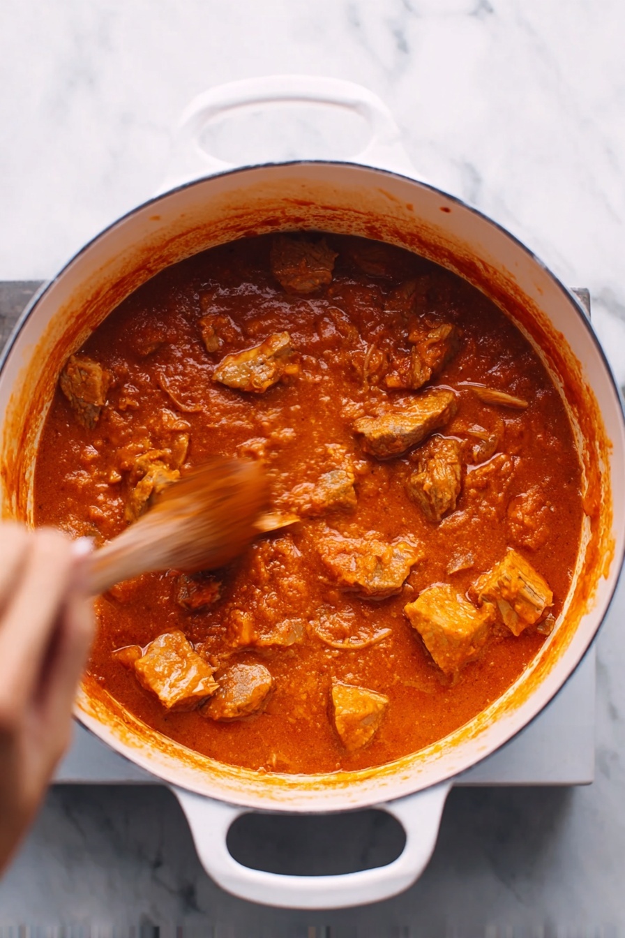A white pot with two handles is filled with a thick reddish-orange sauce mixed with several pieces of light brown cooked meat. A woman's hand stirs the sauce with a wooden spoon that is slightly blurred from motion. The pot sits on a white marbled surface, and the sauce texture looks chunky and rich, covering the meat pieces unevenly. Photo taken with an iphone --ar 2:3 --v 7