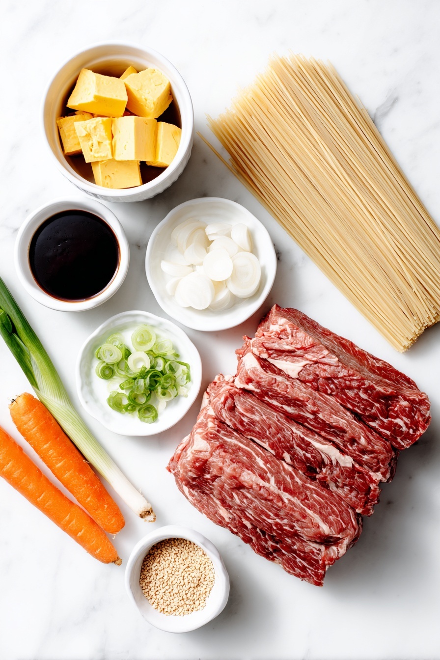 Flat lay of thinly shaved raw beef steak arranged in delicate folds, two bundles of thick frozen udon noodles, a small white ceramic bowl filled with cubed golden Japanese curry roux blocks, a medium diced yellow onion, a handful of bright orange baby carrots halved lengthwise, several slices of fresh white lotus root, a small white bowl holding minced fresh garlic, four thinly sliced green onion stalks neatly fanned out, a small white bowl with bright red ketchup, a small white bowl containing dark soy sauce, a small mound of freshly minced ginger paste on a white plate, and a small white bowl of golden toasted sesame seeds placed on a clean white marble surface, soft natural light, photo taken with an iPhone, professional food photography style, fresh ingredients, white ceramic bowls, no bottles, no duplicates, no utensils, no packaging --ar 2:3 --v 7 --p m7354615311229779997