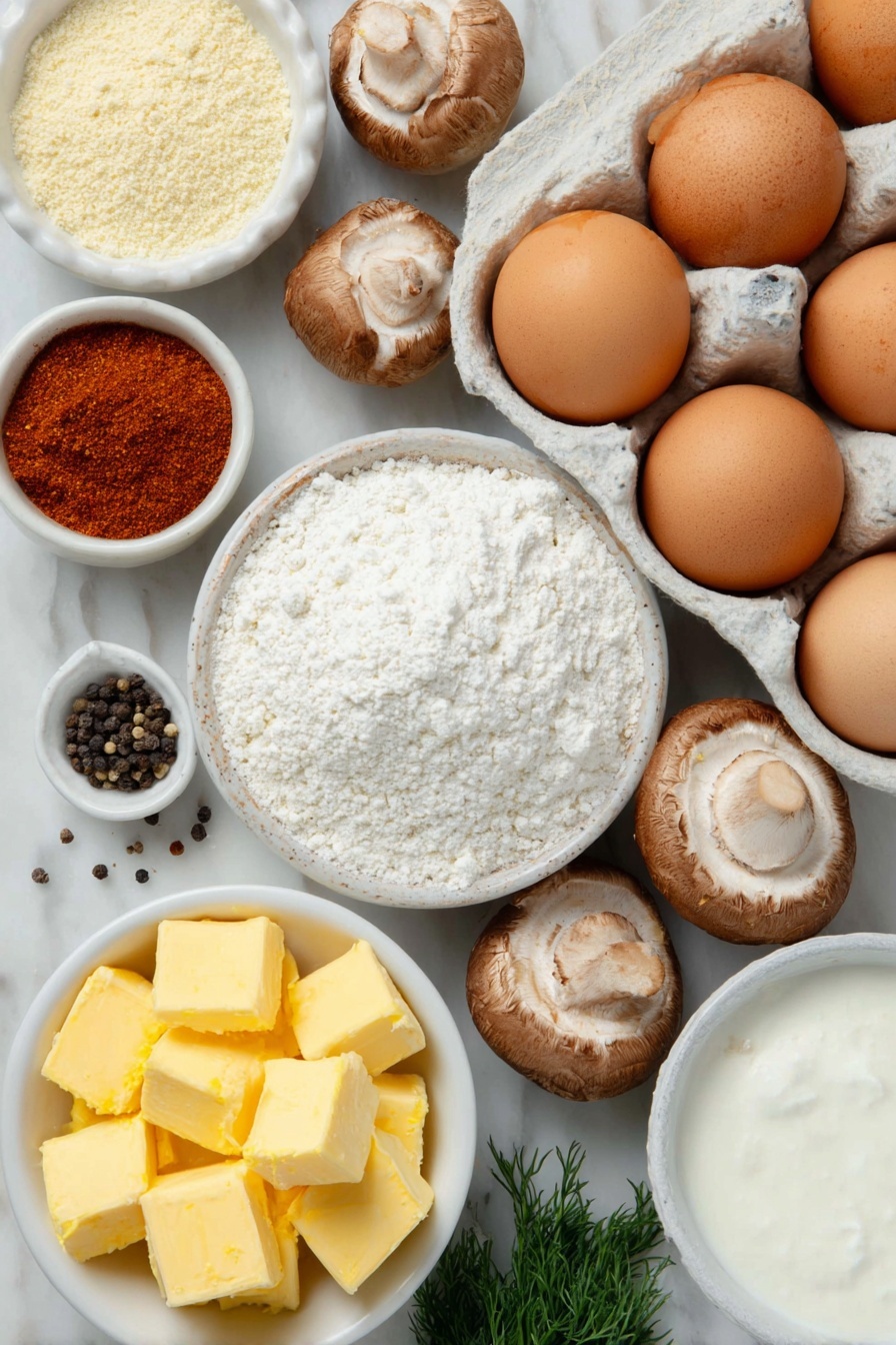 Flat lay of a medium finely chopped yellow onion, a pile of fresh sliced brown cremini mushrooms, a small white ceramic bowl of golden butter cubes, a small white ceramic bowl of pale beige flour, a small white ceramic bowl filled with vibrant red Hungarian paprika powder, a small white ceramic bowl containing clear chicken broth, a small white ceramic bowl of creamy white milk, a small white ceramic bowl with dark brown Tamari sauce, a small white ceramic bowl of thick sour cream, a small white ceramic bowl of bright yellow lemon juice, a small pile of chopped fresh green parsley, a small pile of chopped fresh green dill, a small pile of chopped fresh green thyme, three whole brown eggs with clean shells, scattered coarse salt crystals, black peppercorns, and ground chili pepper powder, all arranged with perfect symmetry on a simple white ceramic surface, placed on a clean white marble surface, soft natural light, photo taken with an iPhone, professional food photography style, fresh ingredients, white ceramic bowls, no bottles, no duplicates, no utensils, no packaging --ar 2:3 --v 7 --p m7354615311229779997