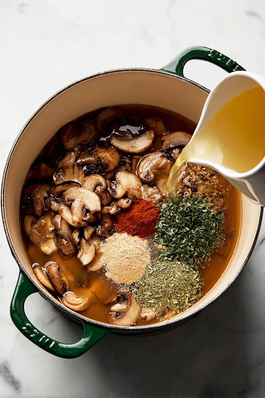 A white bowl filled with creamy mushroom soup showing two clear layers: a light brown creamy base with a smooth texture and floating golden-brown sautéed mushroom slices on top. The surface has green herb pieces scattered throughout and a small bunch of fresh dill placed centrally for garnish. A wooden-handled spoon is partially dipped into the soup on the right side of the bowl. Behind the bowl, two toasted slices of bread with a golden crust lean against the bowl's edge. The whole setup sits on a white marbled surface with sprigs of fresh herbs scattered nearby. Photo taken with an iphone --ar 2:3 --v 7