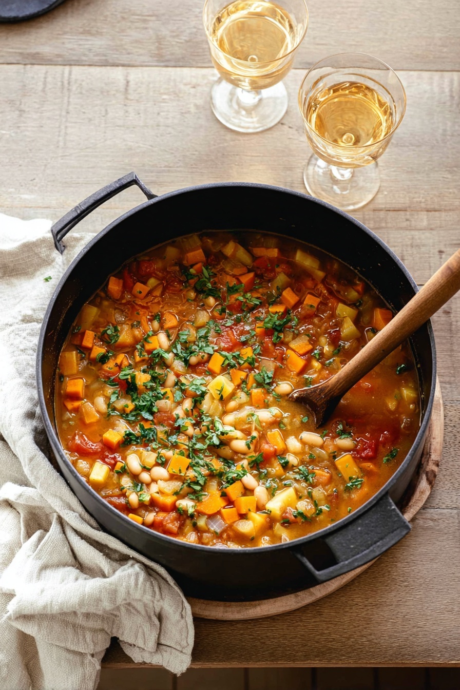 A black pot filled with a thick stew showing visible layers of diced orange carrots, white beans, small chunks of light yellow potatoes, and bits of tomato in a light brown broth, all topped with chopped green herbs. A wooden spoon is placed inside the pot at the right side, and a white cloth is draped over the left handle. The pot sits on a wooden table with two glasses in the background, one with a golden liquid and the other with water. The scene has a simple, warm look with natural light coming from the top. Photo taken with an iphone --ar 2:3 --v 7