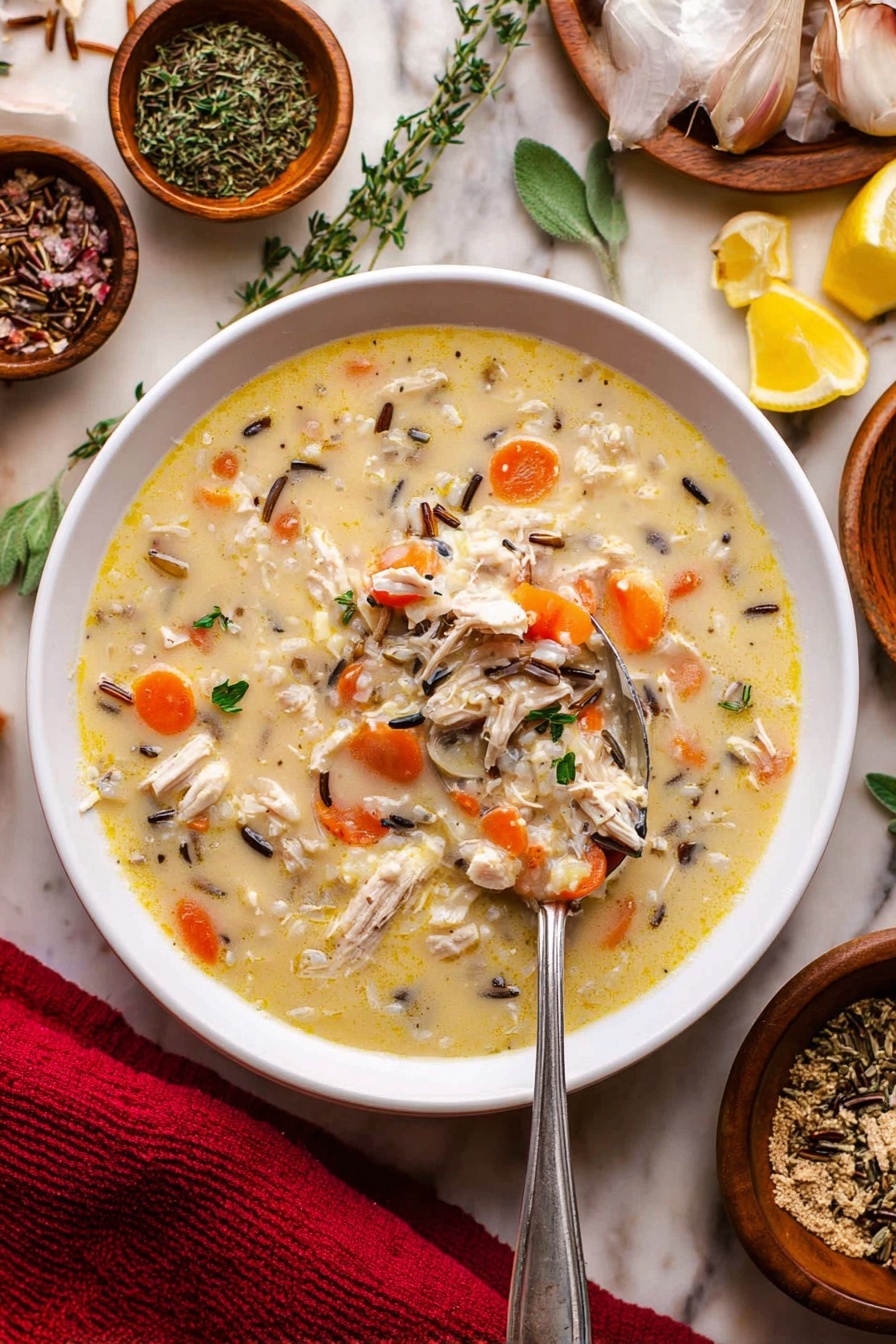 A white bowl holds creamy soup with visible layers of shredded chicken, wild rice grains, and diced orange carrots mixed throughout the light yellow broth. The soup's texture looks thick and chunky, with small green herb leaves sprinkled on top. A silver spoon dips into the soup, lifting a mix of chicken, rice, and carrot pieces. Around the bowl, there are small wooden bowls with seeds and spices, some garlic bulbs, lemon slices, and fresh herb sprigs, all set on a white marbled surface. The scene includes a red cloth near the bottom left corner. photo taken with an iphone --ar 2:3 --v 7