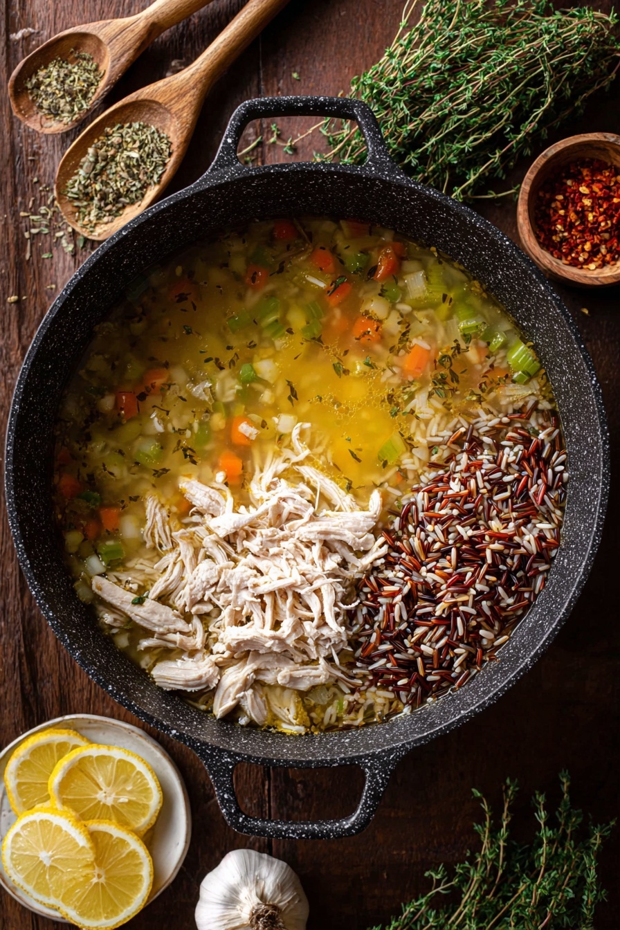 A large black pot with a speckled texture holds a layered mixture of ingredients. The bottom layer is a yellow broth with small chunks of orange, light green vegetables, and herbs. On top of the broth, there are two main layers: shredded light beige chicken on the right side, and a pile of dry multicolored wild rice with red, white, and dark grains sitting slightly over the chicken and broth. Around the pot, there are wooden spoons holding rice, fresh sprigs of green thyme, lemon slices on a white plate, garlic bulbs, and a small bowl of crushed red pepper flakes, all placed on a dark brown wooden surface. photo taken with an iphone --ar 2:3 --v 7