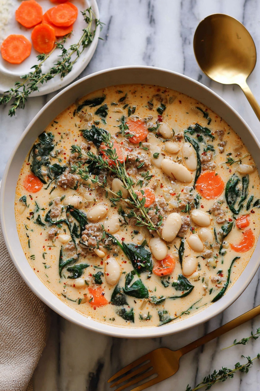 The dish is a creamy soup served in a white bowl with a thin dark rim, placed on a white marbled surface. The soup has one main layer of creamy, light orange broth filled with plump white beans scattered throughout. There are small pieces of cooked ground meat and bright orange carrot slices mixed evenly with fresh dark green spinach leaves floating on top. Tiny green herb sprigs are sprinkled over the entire soup, adding texture and color contrast to the creamy broth. The overall look is warm and hearty. photo taken with an iphone --ar 2:3 --v 7