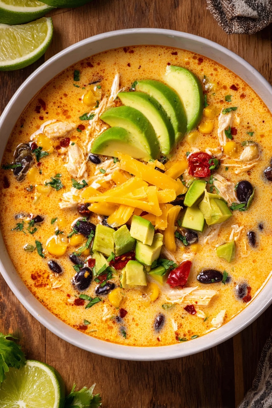 A white bowl filled with a creamy orange soup base containing visible small pieces of shredded white chicken, black beans, corn kernels, and red chili flakes scattered throughout. On top, there are several garnishes neatly arranged: sliced green avocado pieces on one side, a small pile of shredded yellow cheese in the center with black beans and corn mixed in, and three lime wedges placed near the avocado. The bowl rests on a wooden surface with some lime wedges around it. The soup looks rich and vibrant with a mix of smooth and chunky textures, bright yellow, green, black, and orange colors contrasting in the bowl. Photo taken with an iphone --ar 2:3 --v 7