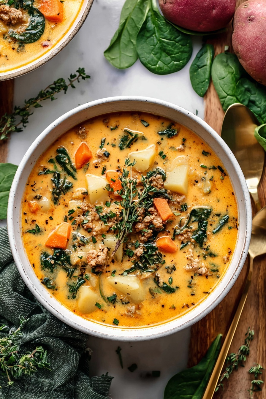 The image shows a white bowl filled with creamy orange soup that has a thick texture. Inside the soup, there are three main layers: chunks of yellow potatoes, small diced orange carrots, and pieces of light brown ground meat spread evenly throughout. There are also dark green spinach leaves and fresh green herbs placed on top. The soup surface has a light sheen with tiny specks of red and black seasoning scattered across. The bowl is set on a green cloth over a white marbled surface with golden spoon and fork placed beside it. Photo taken with an iphone --ar 2:3 --v 7