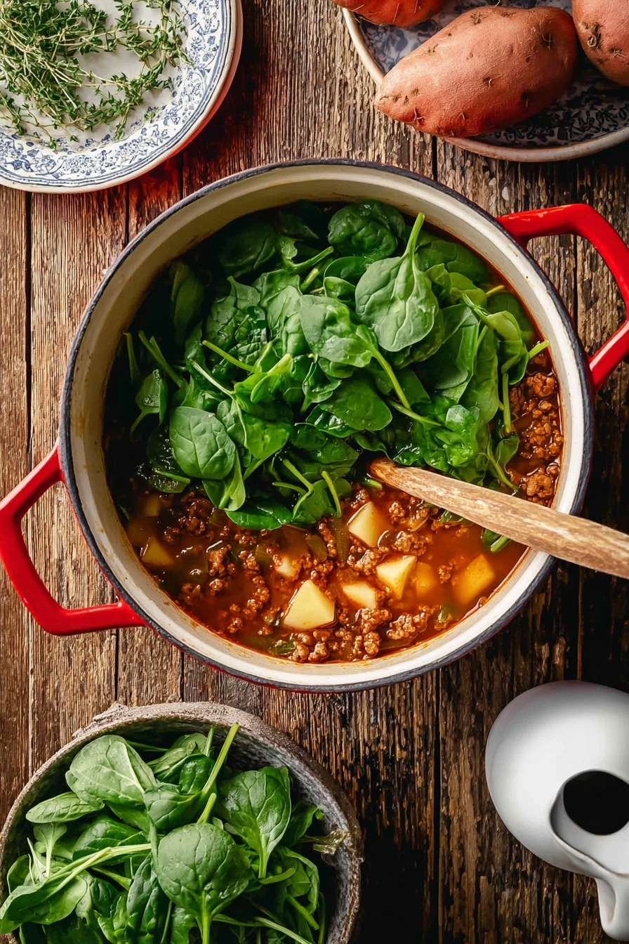 A white pot with red handles holds a thick soup with three layers: the bottom layer is a rich brown broth filled with ground meat and diced potatoes, the middle layer has a wooden spoon resting inside, and the top layer is covered with fresh green spinach leaves filling half of the pot. The pot sits on a rustic wooden table, with a plate of herbs and a bowl of extra fresh spinach nearby, along with whole sweet potatoes and a small white jug. Photo taken with an iphone --ar 2:3 --v 7