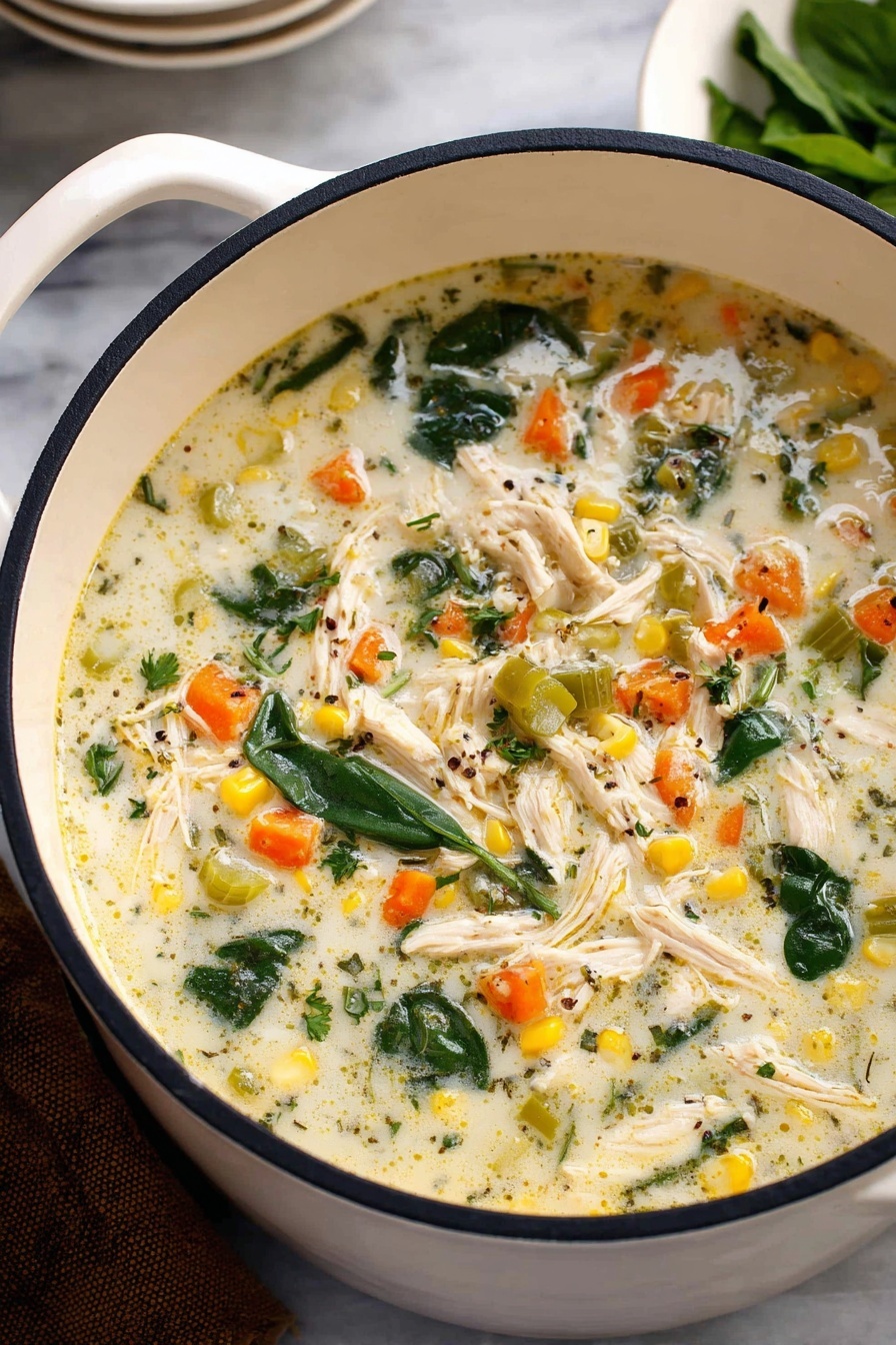 A close-up of a white pot filled with creamy soup showing three main layers: the top layer has shredded light chicken pieces mixed with bright orange carrot cubes, light green celery slices, and fresh dark green spinach leaves scattered evenly; the middle layer is a pale yellow creamy broth with flecks of herbs and black pepper; the bottom layer includes small ears of yellow corn cut into rounds partially submerged. The pot is placed on a white marbled surface with a hint of a white bowl in the background and a small white bowl with green leaves slightly blurred. Photo taken with an iphone --ar 2:3 --v 7