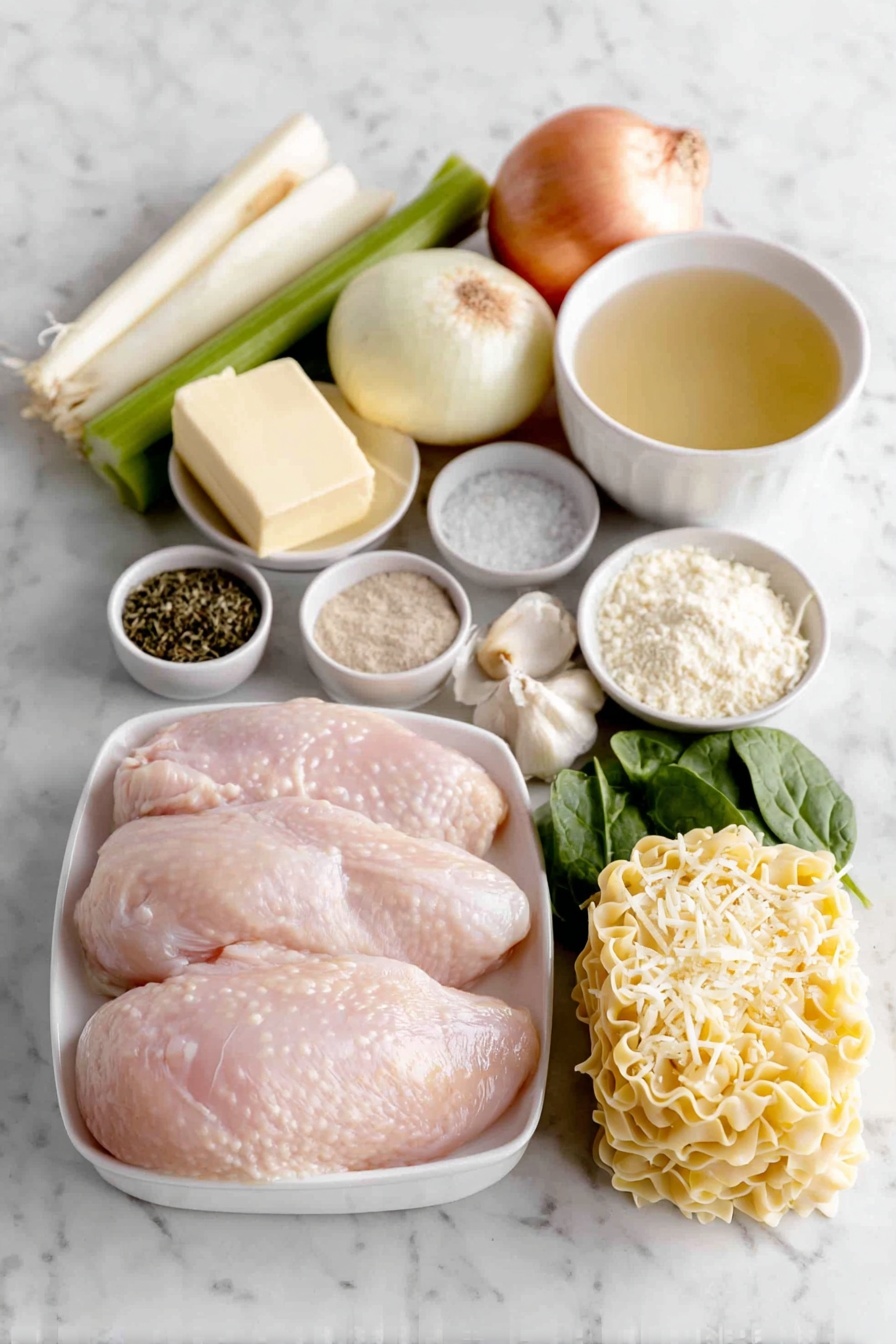 Flat lay of unsalted butter in a small white ceramic dish, a medium yellow onion whole and unpeeled, two peeled medium carrots, chopped celery stalks arranged neatly, three whole garlic cloves with skins intact, a small white bowl of mixed Italian seasoning herbs, a small white bowl of dried basil leaves, a small white bowl of coarse salt crystals, a small white bowl of freshly ground black pepper, a small white bowl with ground nutmeg powder, a small white bowl with all-purpose flour, a simple white ceramic bowl filled with clear chicken broth, a simple white ceramic bowl of water, two raw boneless skinless chicken breasts, a small white bowl of whole milk, a small white ceramic bowl holding a block of softened cream cheese, a small white bowl with grated Parmesan cheese, a small pile of fresh baby spinach leaves, uncooked lasagna noodles arranged flat and overlapping, all placed on a clean white marble surface, soft natural light, photo taken with an iPhone, professional food photography style, fresh ingredients, white ceramic bowls, no bottles, no duplicates, no utensils, no packaging --ar 2:3 --v 7 --p m7354615311229779997