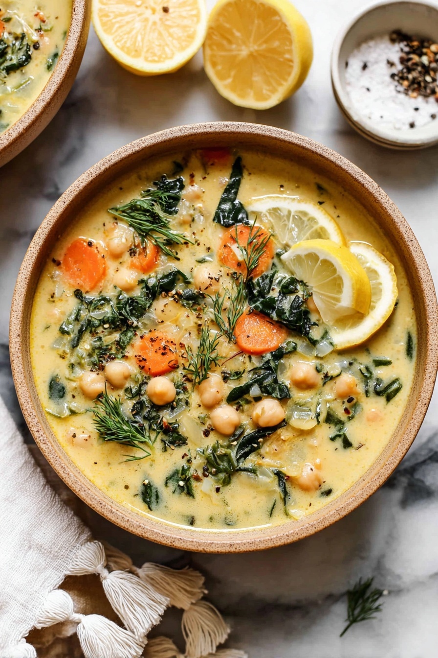 The image shows a bowl of thick creamy soup with visible layers of orange carrot slices, white chickpeas, and green leafy vegetables mixed in a pale yellow broth. On top, there are small green dill sprigs and a slice of lemon placed on the edge of the bowl. The bowl is light brown and placed on a white marbled surface. In the background, there are halved lemons and a small white bowl with black pepper. A white cloth with tassels is partially visible near the bowl. Photo taken with an iphone --ar 2:3 --v 7