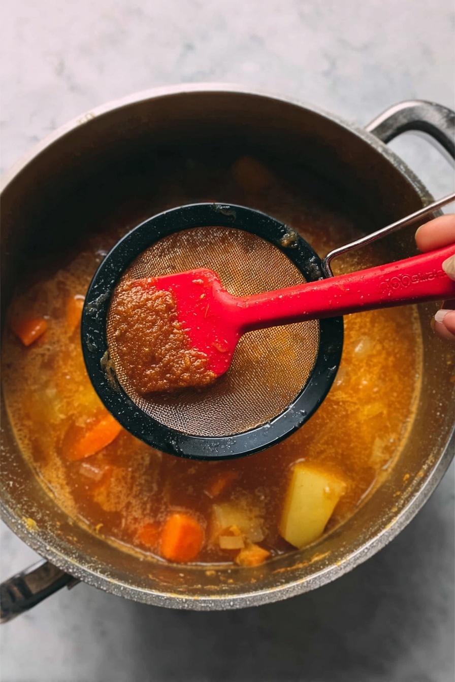The image shows a bowl of soup with thick udon noodles being lifted by black chopsticks from the center right. The bowl is white with a black paint-like pattern on the rim. The soup has a rich broth with a yellowish-brown color. On the left side, there is a pile of tender, thinly sliced cooked beef with a brown color and a slightly textured surface. Below and around the beef are bright orange carrot pieces and pale yellow lotus root slices with distinctive holes. Some green herbs are visible behind the beef. The bowl sits on a white marbled surface. Photo taken with an iphone --ar 2:3 --v 7