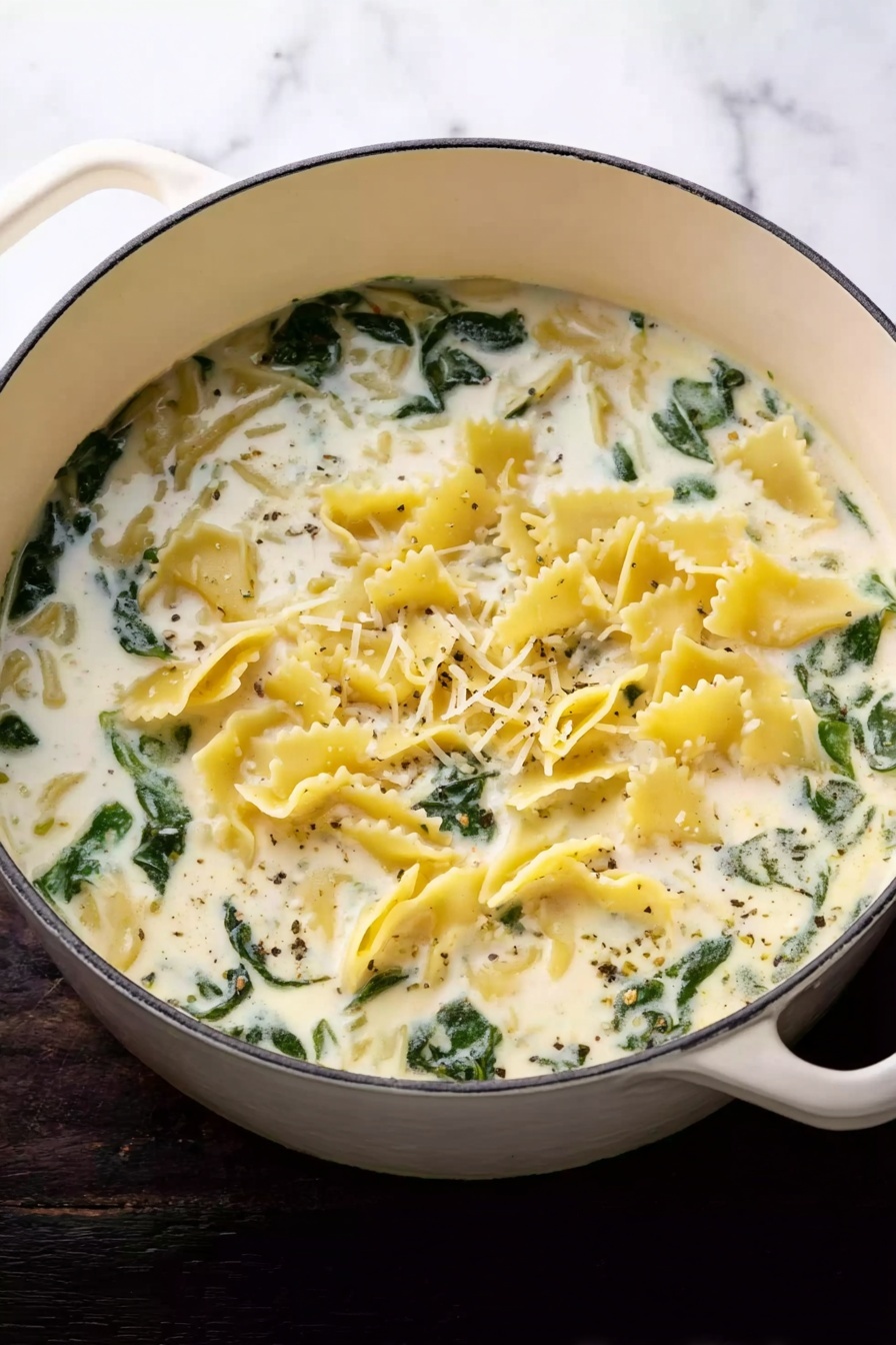 A white bowl is filled with creamy soup that has a light yellow color. The soup contains layers of shredded white chicken in the center, small orange carrot cubes, pale green celery slices, bright yellow corn kernels, and dark green spinach leaves and basil scattered throughout. On top of the soup are thin pale cheese shavings and sprinkles of black pepper and herbs. A spoon with a wooden handle rests in the bowl on the right side. The bowl sits on a dark wooden surface with small scattered herbs and cheese pieces nearby, and a crumpled green napkin is under the bowl on the right. photo taken with an iphone --ar 2:3 --v 7