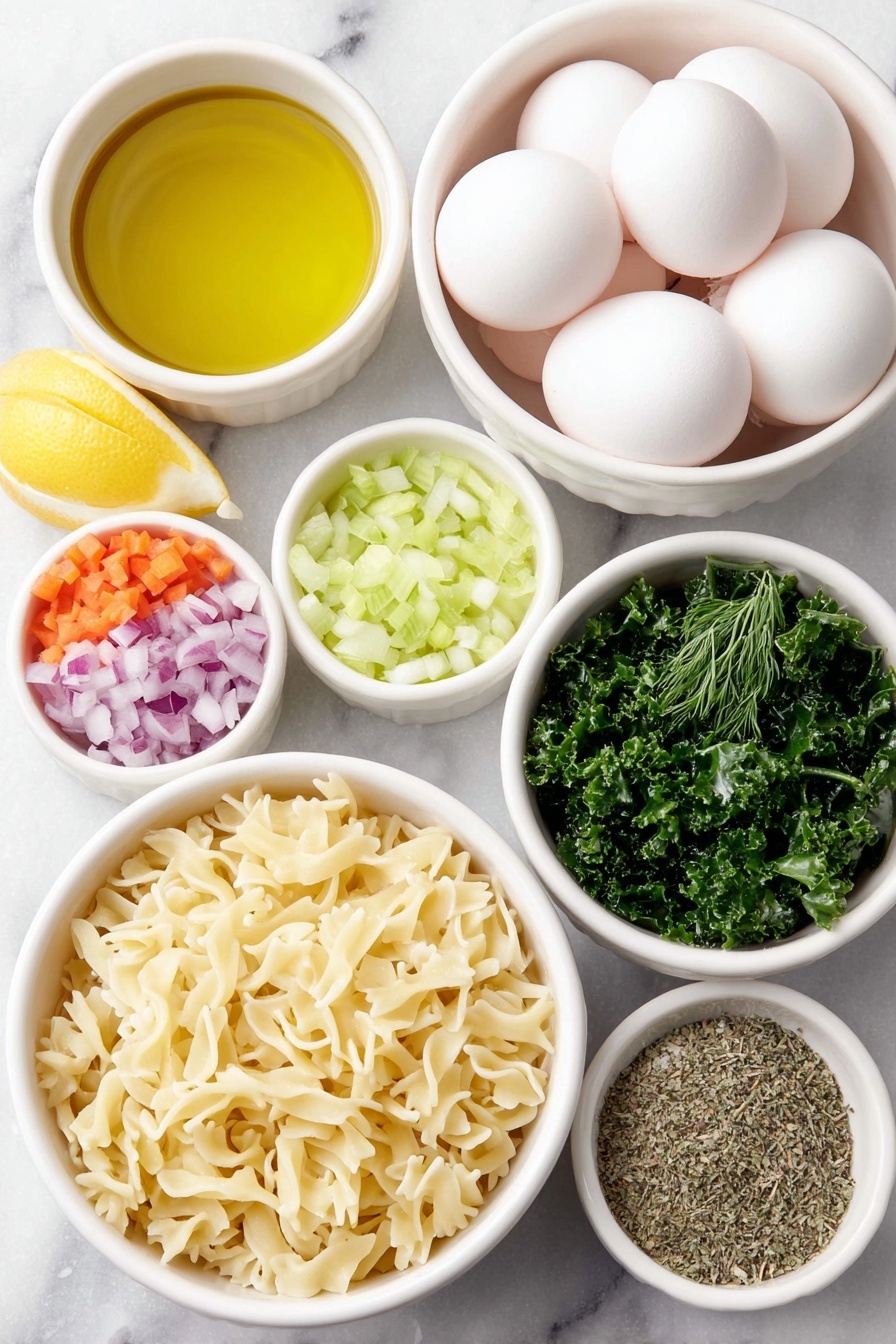 Flat lay of extra-virgin olive oil in a small white ceramic bowl, finely chopped yellow onion in a small white ceramic bowl, finely chopped carrots in a small white ceramic bowl, finely chopped celery in a small white ceramic bowl, two strips of fresh lemon peel, fresh lemon juice in a small white ceramic bowl, four peeled garlic cloves, two white ceramic bowls each with whole clean eggs with shells, dry orzo pasta in a small white ceramic bowl, dried oregano in a small white ceramic bowl, kosher salt in a small white ceramic bowl, black pepper in a small white ceramic bowl, two handfuls of roughly chopped kale, finely chopped fresh dill in a small white ceramic bowl placed on a clean white marble surface, soft natural light, photo taken with an iPhone, professional food photography style, fresh ingredients, white ceramic bowls, no bottles, no duplicates, no utensils, no packaging --ar 2:3 --v 7 --p m7354615311229779997