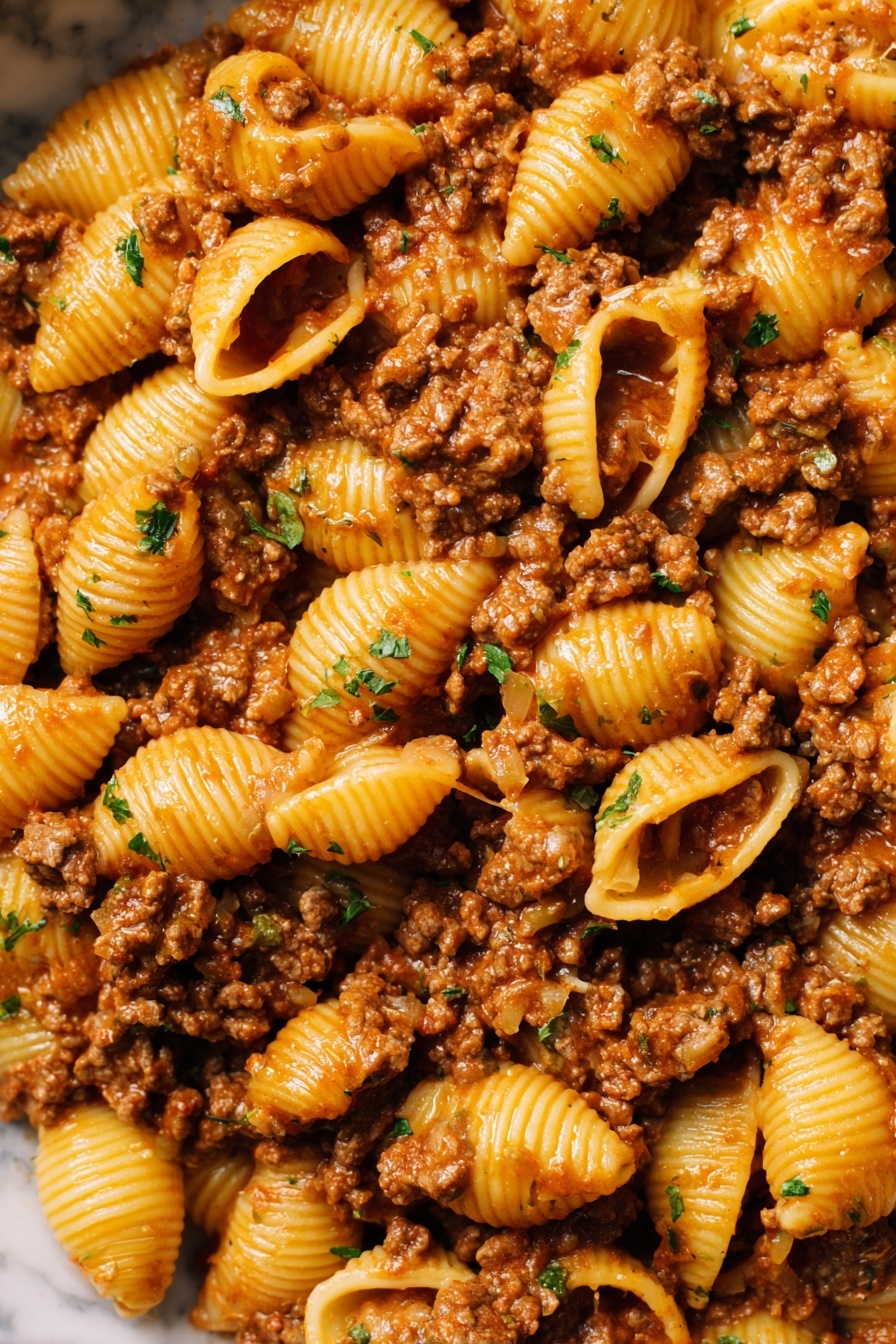 A white bowl filled with pasta shells mixed with a light brown meat sauce. The pasta shells are a warm golden color, and the meat sauce has small chunks of browned ground meat with bits of cooked onion. Tiny green herb pieces are sprinkled on top, adding a touch of freshness. The bowl is placed on a white marbled surface, giving a clean and bright background. photo taken with an iphone --ar 2:3 --v 7