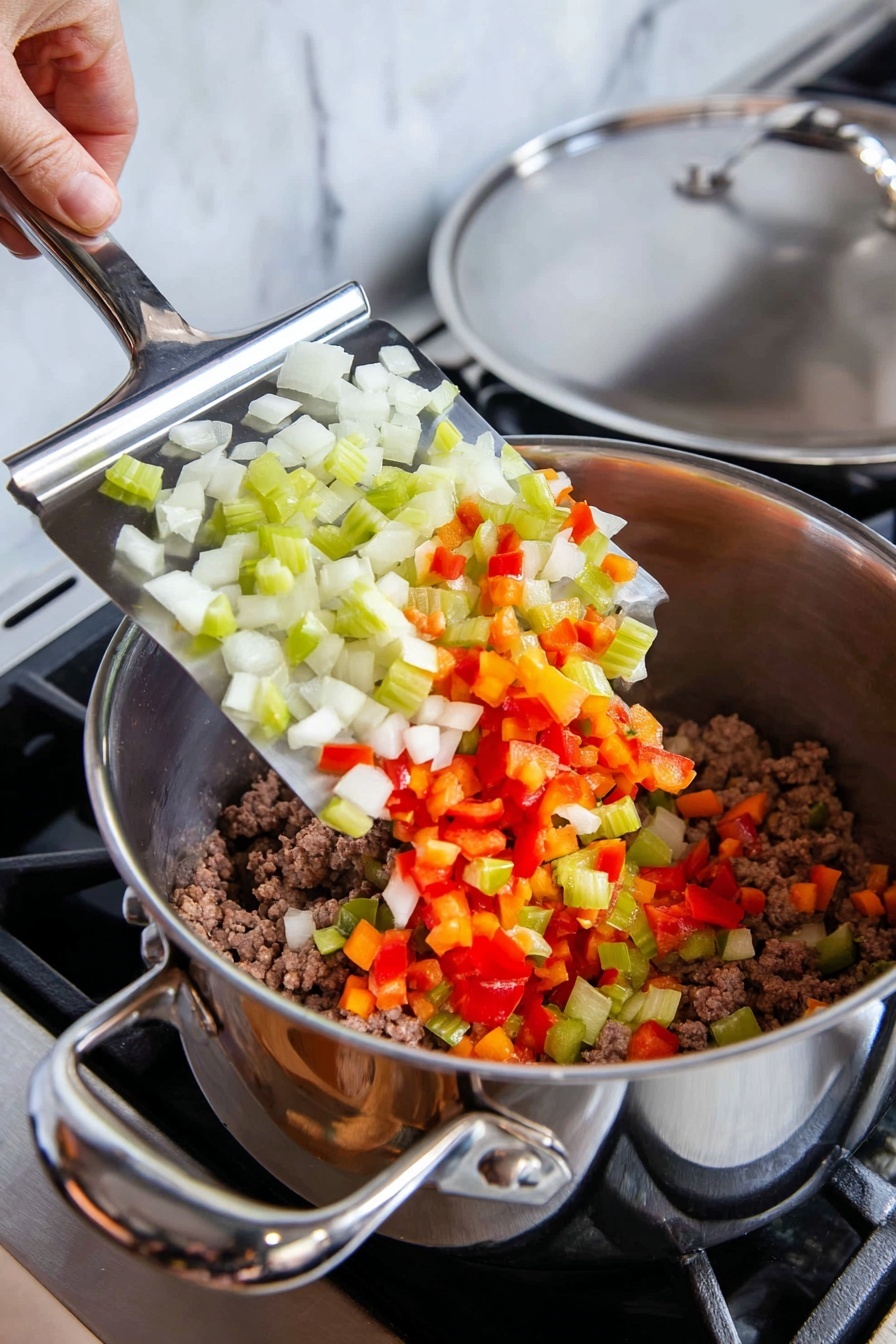 A large silver pot filled with creamy white soup dotted with small pieces of red peppers, green celery, and bits of browned meat, with a silver ladle resting inside. Below the pot, a white bowl holds the same soup, topped with shredded yellow cheese and green parsley leaves, with a spoon inside the bowl. To the left, there is a small white bowl of fresh green parsley and a white bowl filled with shredded yellow cheese. Two metal spoons rest side by side on a white marbled surface, and an empty white bowl is stacked with another bowl to the right. Photo taken with an iphone --ar 2:3 --v 7