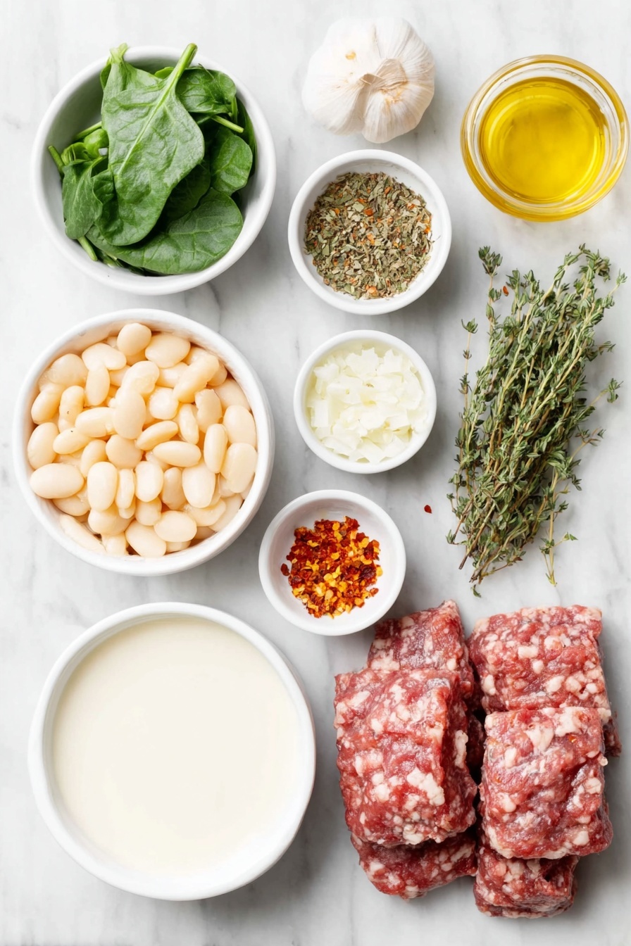 Flat lay of spicy crumbled Italian sausage, a small peeled onion chopped into pieces, four peeled garlic cloves, a small white ceramic bowl with mixed Italian seasoning herbs, a small white ceramic bowl filled with fresh thyme leaves, a small white ceramic bowl with red pepper flakes, two peeled and sliced medium carrots, a small white ceramic bowl of rinsed cannellini beans, a small white ceramic bowl of chicken stock, fresh green spinach leaves, a small white ceramic bowl half-filled with heavy cream, all arranged symmetrically on a clean white marble surface, soft natural light, photo taken with an iPhone, professional food photography style, fresh ingredients, white ceramic bowls, no bottles, no duplicates, no utensils, no packaging --ar 2:3 --v 7 --p m7354615311229779997