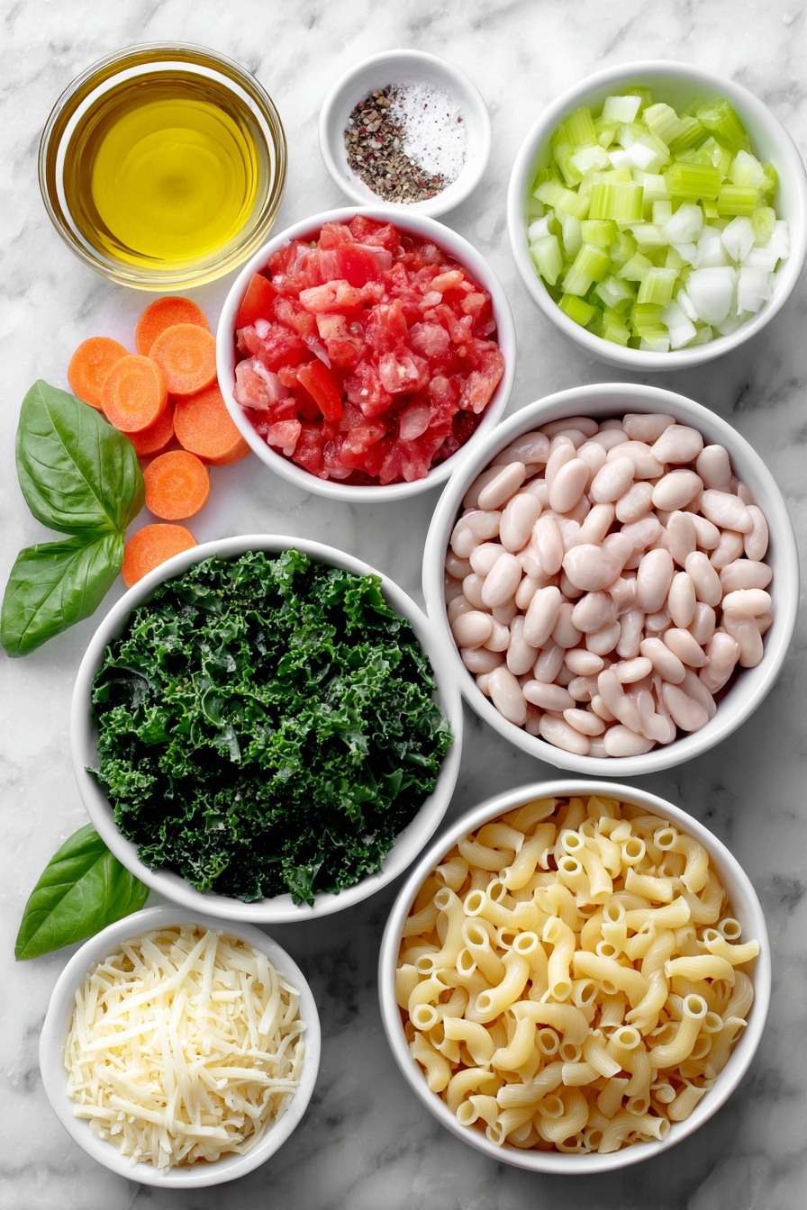 Flat lay of a small glass bowl of golden olive oil, one medium yellow onion diced into small pieces, two large peeled carrots sliced into rounds, two celery ribs finely sliced, two peeled garlic cloves minced, a small heap of chopped green beans, a small white bowl filled with bright red diced tomatoes, a small white bowl with clear vegetable broth, a small white bowl of creamy white cannellini beans, a pile of roughly chopped deep green kale, a small white bowl filled with uncooked elbow macaroni pasta, a small mound of coarse salt and freshly ground black pepper, a few fresh basil leaves, and a small white bowl of pale yellow shaved parmesan cheese, all arranged with perfect symmetry on a clean white marble surface, soft natural light, photo taken with an iPhone, professional food photography style, fresh ingredients, white ceramic bowls, no bottles, no duplicates, no utensils, no packaging --ar 2:3 --v 7 --p m7354615311229779997