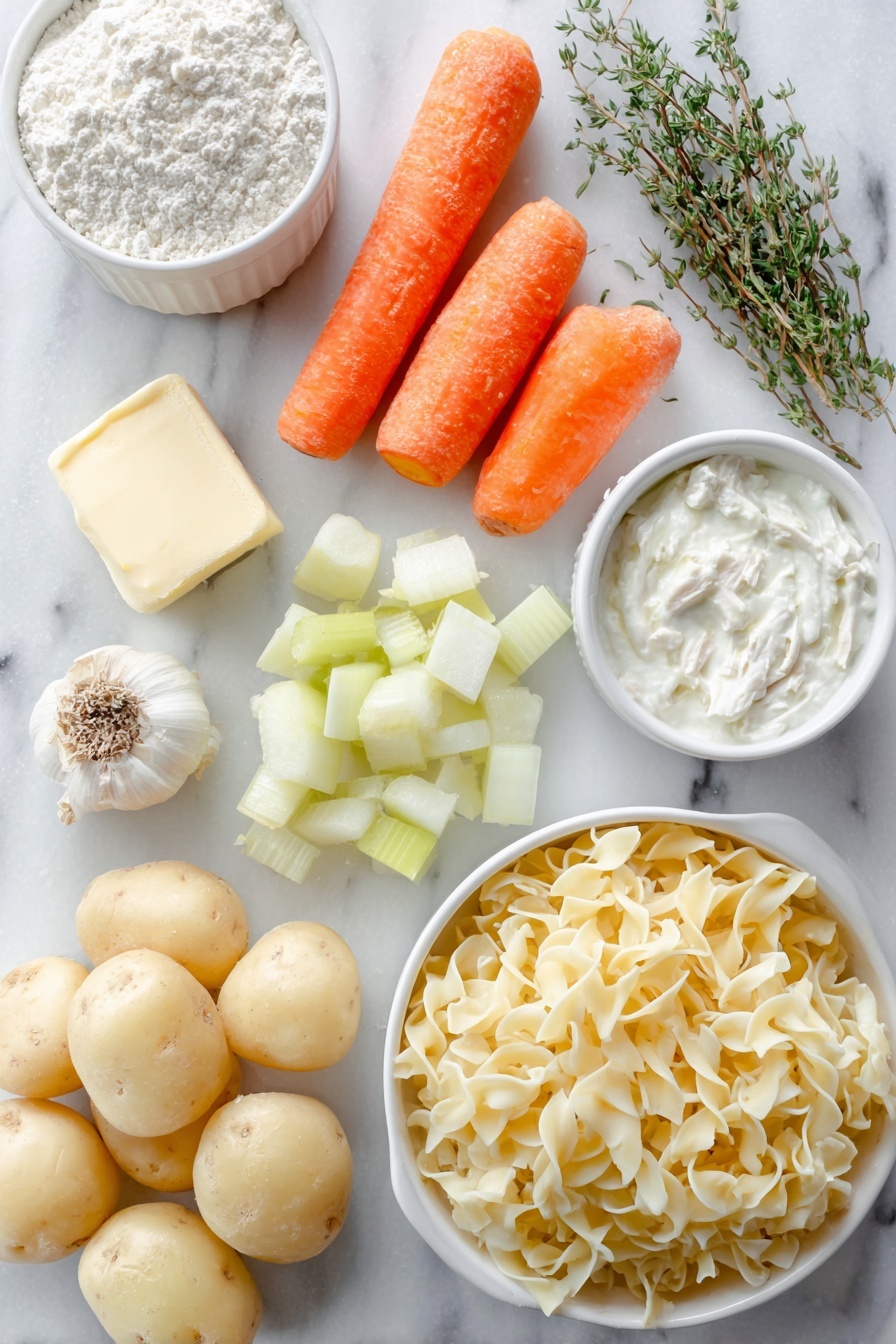 Flat lay of a small pat of unsalted butter, half of a large yellow onion chopped, a handful of bright orange baby carrots sliced, three fresh celery stalks sliced, two whole garlic cloves unpeeled, a small white ceramic bowl of all-purpose flour, a few sprigs of fresh thyme leaves, a few fresh oregano leaves, one medium peeled and diced potato, a pile of shredded cooked chicken breast, a small white ceramic bowl of half-and-half cream, a nest of wide egg noodles uncooked in natural pale yellow color, fresh ground black peppercorns scattered lightly, and salt crystals in a small white ceramic bowl, all arranged symmetrically on a clean white marble surface, soft natural light, photo taken with an iPhone, professional food photography style, fresh ingredients, white ceramic bowls, no bottles, no duplicates, no utensils, no packaging --ar 2:3 --v 7 --p m7354615311229779997