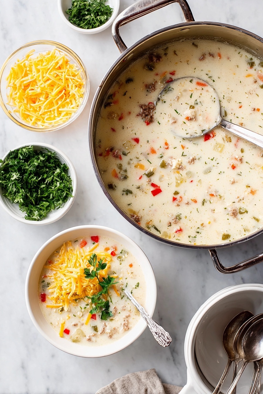 A white bowl filled with creamy soup containing several visible layers: a thick white liquid base with specks of green herbs, chunks of light beige meat, soft pieces of potato, orange carrot slices, and small bits of red peppers. Shredded yellow cheese is sprinkled on top along with some fresh green parsley leaves. A metal spoon rests inside the bowl, partly submerged in the soup. In the background, there are two white bowls, one filled with shredded yellow cheese and the other with fresh green leafy herbs. The bowl sits on a white marbled surface. Photo taken with an iphone --ar 2:3 --v 7